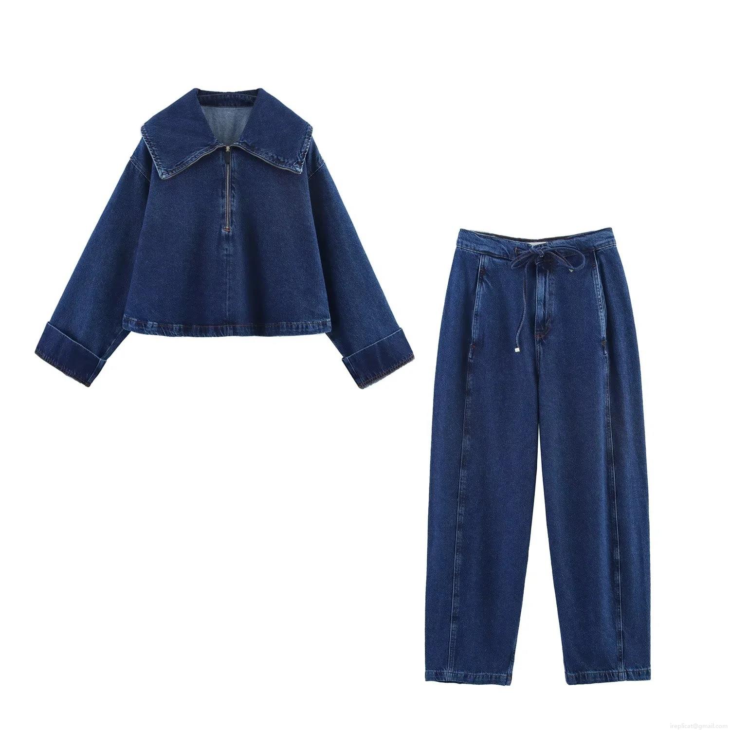 Women's Denim Two Piece Set Cotton Blend Half Zip Crop Jacket And High Waist Drawstring Straight Leg Pants Casual Streetwear Daily Wear Deep Blue Vintage Style For Women Women's Denim Two Piece Set Cotton Blend Half Zip Crop Jacket And High Waist Drawstring Straight Leg Pants Casual Streetwear Daily Wear Deep Blue Vintage Style For Women
