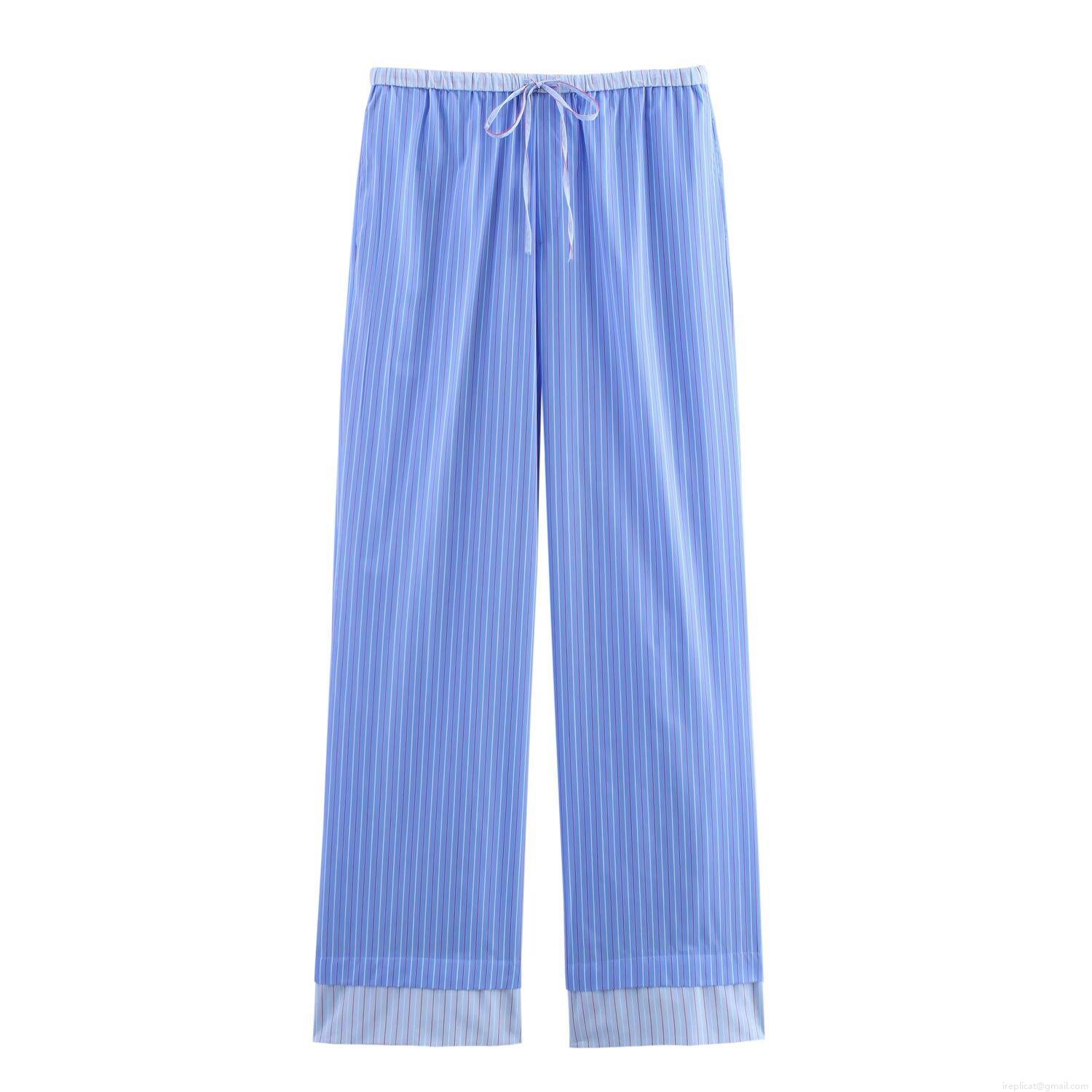 Women\'s Casual Vertical Striped Shirt and Pants Set Long Sleeve Button Down Blouse and Wide Leg Trousers Two Piece Lounge Wear Set