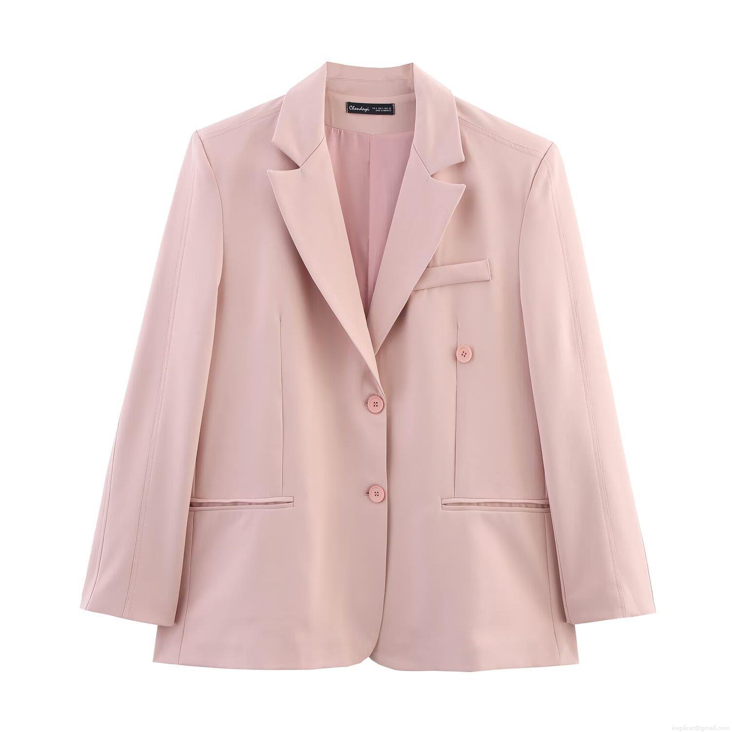 Women's Casual Pink Blazer Trousers Set Polyester Woven Long Sleeve Button Notch Lapel Blazer And Elastic Waist Drawstring Wide Leg Pants Suit For Commute Streetwear Women's Casual Pink Blazer Trousers Set Polyester Woven Long Sleeve Button Notch Lapel Blazer And Elastic Waist Drawstring Wide Leg Pants Suit For Commute Streetwear