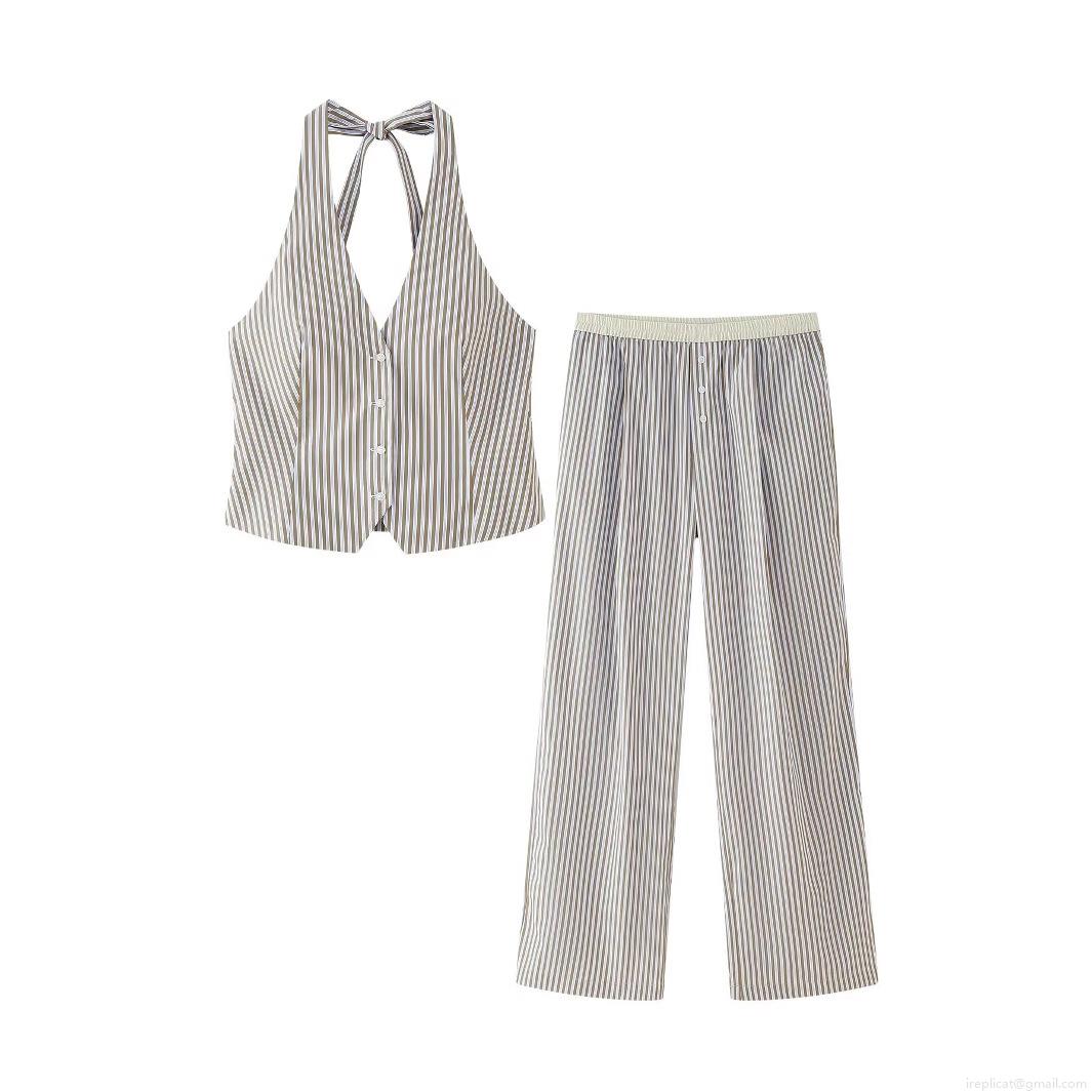 Women\'s Casual Stripe Two Piece Set Halter Neck Backless Vest Top And Wide Leg Pants Outfits Fashion Summer Streetwear Tracksuits For Women Coffee Blue Women\'s Casual Stripe Two Piece Set Halter Neck Backless Vest Top And Wide Leg Pants Outfits Fashion Summer Streetwear Tracksuits For Women Coffee Blue