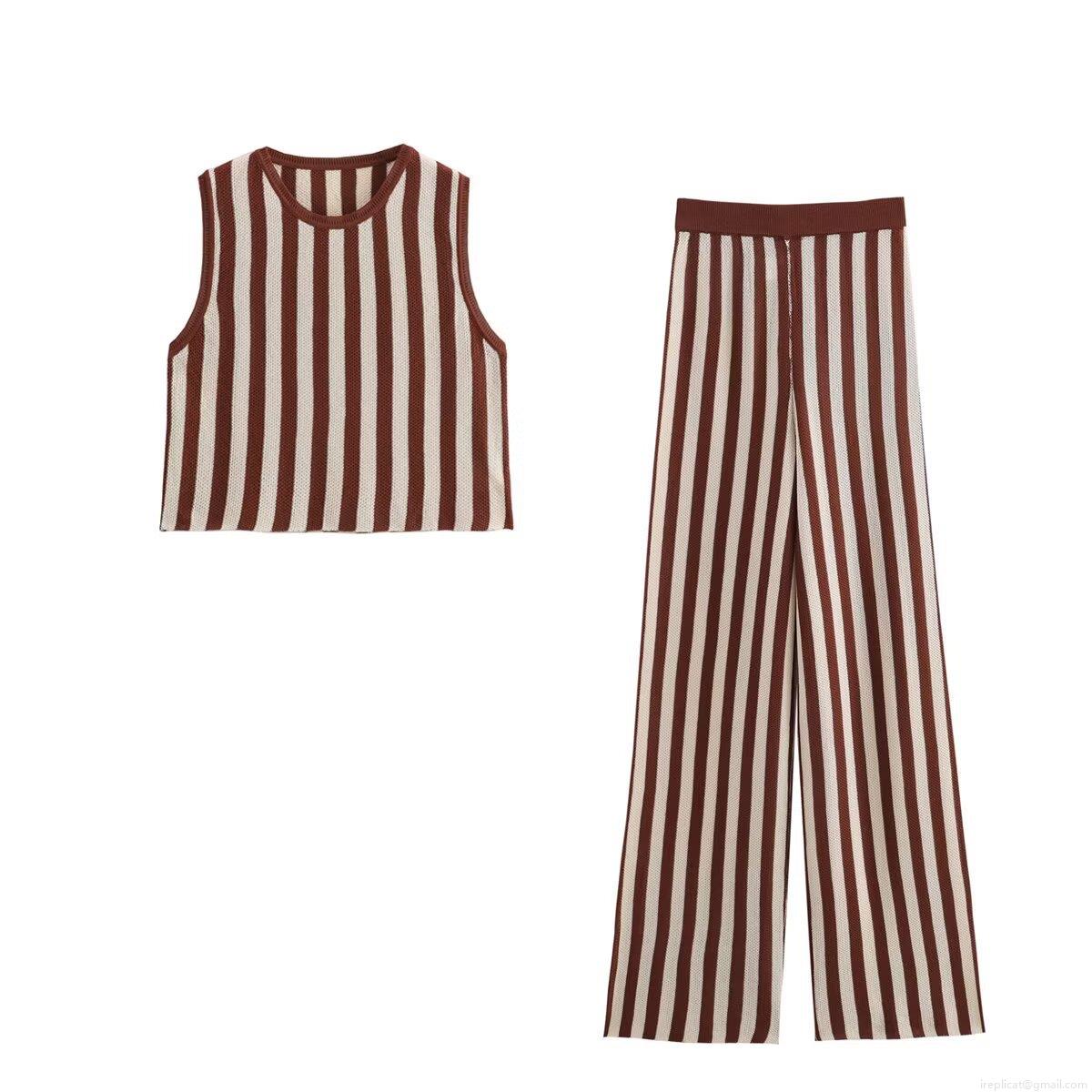 Women's 2 Piece Knit Stripe Set Sleeveless Round Neck Top And Wide Leg Pants Coffee Beige Vertical Striped Casual Outfits Streetwear For Women Women's 2 Piece Knit Stripe Set Sleeveless Round Neck Top And Wide Leg Pants Coffee Beige Vertical Striped Casual Outfits Streetwear For Women