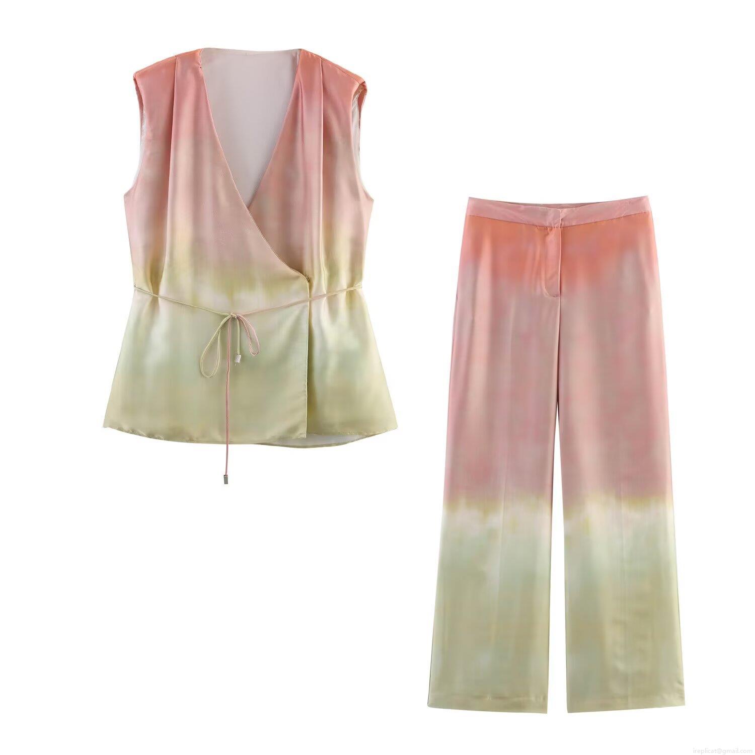 Women's Two Piece Set Satin Gradient Tie-Dye Sleeveless V-Neck Wrap Top and Wide Leg Pants Casual Streetwear Summer Outfit For Women Women's Two Piece Set Satin Gradient Tie-Dye Sleeveless V-Neck Wrap Top and Wide Leg Pants Casual Streetwear Summer Outfit For Women