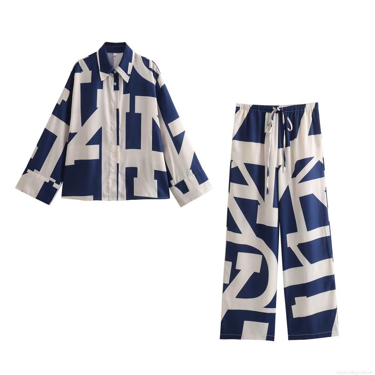 Women\'s Geometric Letter Print 2 Piece Leisure Set Long Sleeve Button Down Shirt And Wide Leg Drawstring Pants Casual Streetwear Tracksuit Women\'s Geometric Letter Print 2 Piece Leisure Set Long Sleeve Button Down Shirt And Wide Leg Drawstring Pants Casual Streetwear Tracksuit