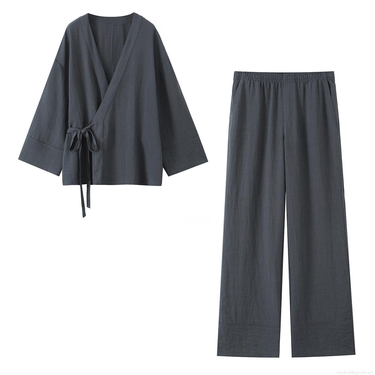 Women's Two Piece Pants Set Solid Color Kimono Wrap Top And Wide Leg Pants Casual Loose Cotton Blend Loungewear Set For Women Streetwear Women's Two Piece Pants Set Solid Color Kimono Wrap Top And Wide Leg Pants Casual Loose Cotton Blend Loungewear Set For Women Streetwear