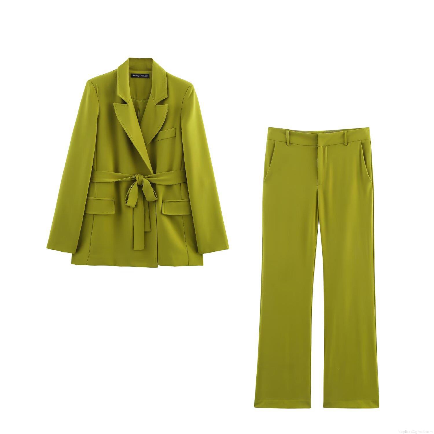 Women's Two Piece Suit Set Solid Color Long Sleeve Belted Blazer Jacket and High Waist Flare Pants Office Lady Commuter Outfit Green Women's Two Piece Suit Set Solid Color Long Sleeve Belted Blazer Jacket and High Waist Flare Pants Office Lady Commuter Outfit Green