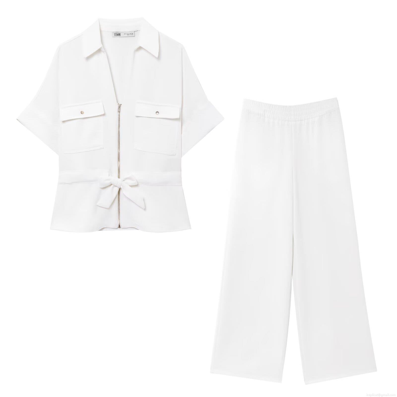 Women's 2 Piece Outfits Casual Crepe Fabric Set Short Sleeve Zipper Lapel Top With Belt And High Waist Wide Leg Pants Streetwear Summer Outfits For Women Women's 2 Piece Outfits Casual Crepe Fabric Set Short Sleeve Zipper Lapel Top With Belt And High Waist Wide Leg Pants Streetwear Summer Outfits For Women