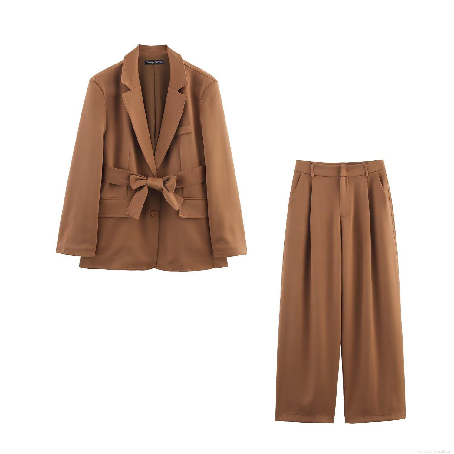 Women's Elegant 2 Piece Blazer Suit Set Oversized Lapel Jacket With Bow Belt And High Waist Wide Leg Pleated Trousers Solid Color Casual Office Streetwear Outfits Women's Elegant 2 Piece Blazer Suit Set Oversized Lapel Jacket With Bow Belt And High Waist Wide Leg Pleated Trousers Solid Color Casual Office Streetwear Outfits