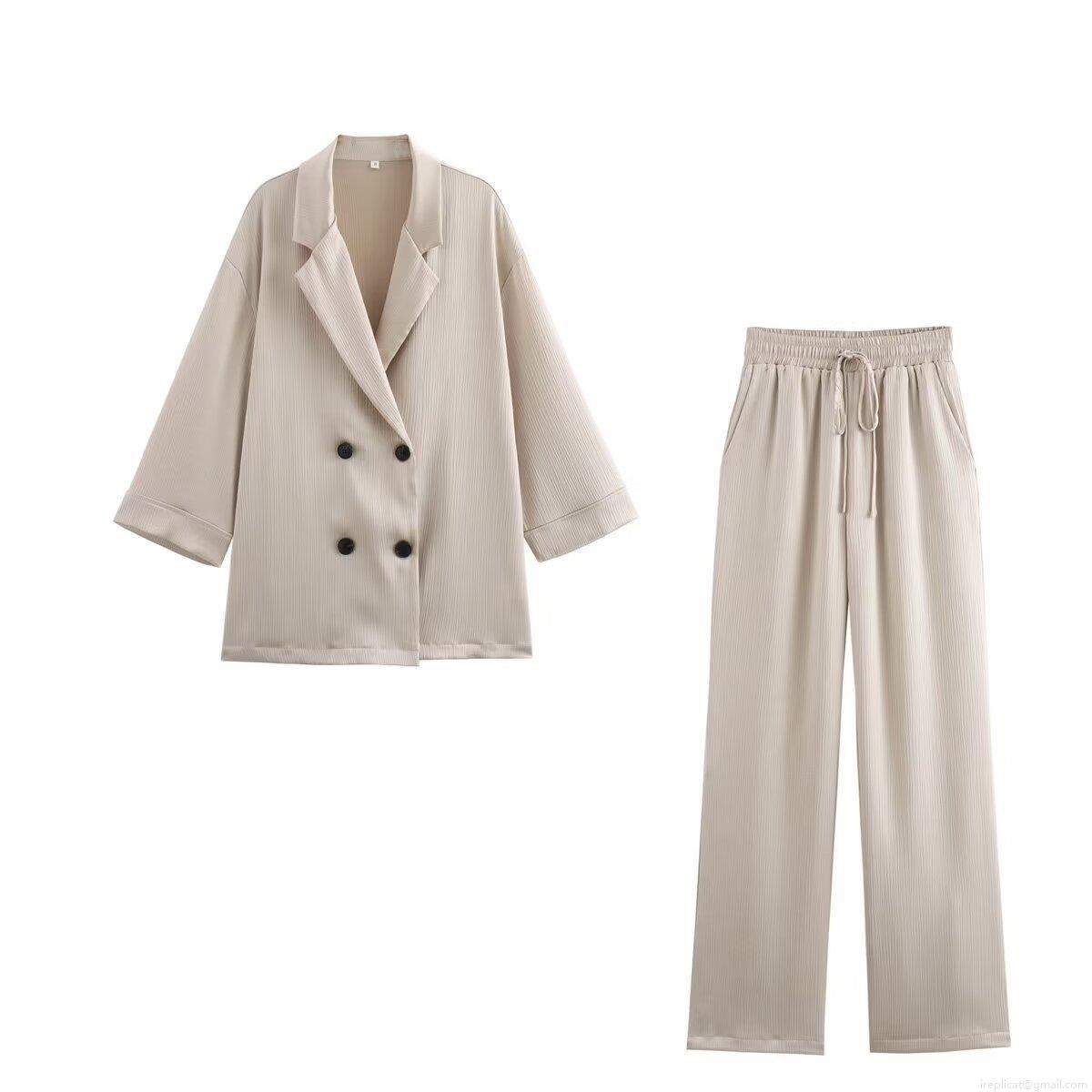 Women's Casual 2 Piece Outfits Pleated Crinkle Texture Blazer Jacket And Wide Leg Pants Set Double Breasted Top Elastic Waist Trousers Suit For Office Streetwear Women's Casual 2 Piece Outfits Pleated Crinkle Texture Blazer Jacket And Wide Leg Pants Set Double Breasted Top Elastic Waist Trousers Suit For Office Streetwear