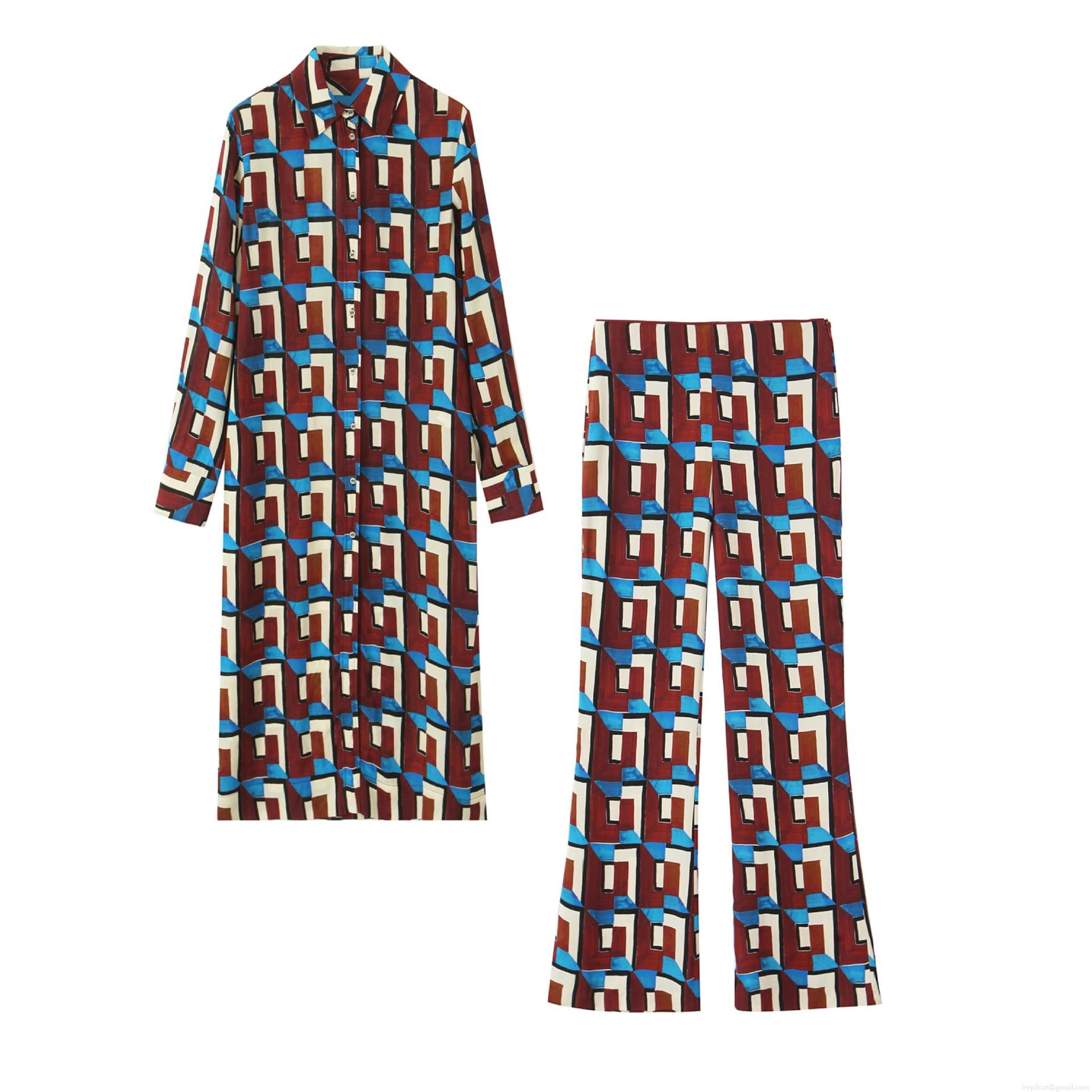 Women's 2 Piece Outfits Retro Geometric Print Long Sleeve Button Down Shirt And High Waist Wide Leg Pants Set Vintage Color Block Tunic Trousers Set For Streetwear Women's 2 Piece Outfits Retro Geometric Print Long Sleeve Button Down Shirt And High Waist Wide Leg Pants Set Vintage Color Block Tunic Trousers Set For Streetwear