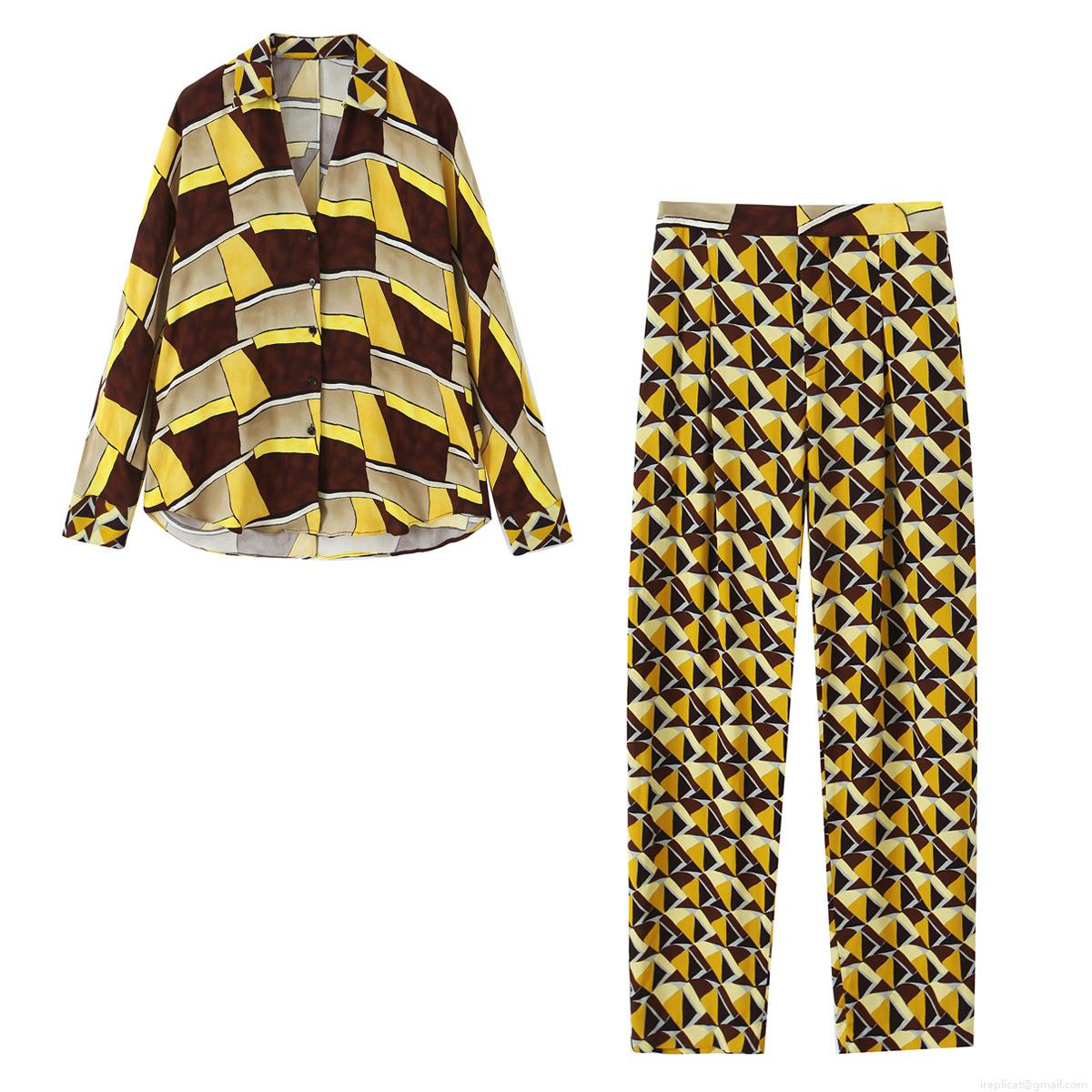 Women's Retro Geometric Print Two Piece Set Long Sleeve Lapel Shirt And Wide Leg Pants Casual Streetwear Outfits Loose Trousers Suit Women's Retro Geometric Print Two Piece Set Long Sleeve Lapel Shirt And Wide Leg Pants Casual Streetwear Outfits Loose Trousers Suit