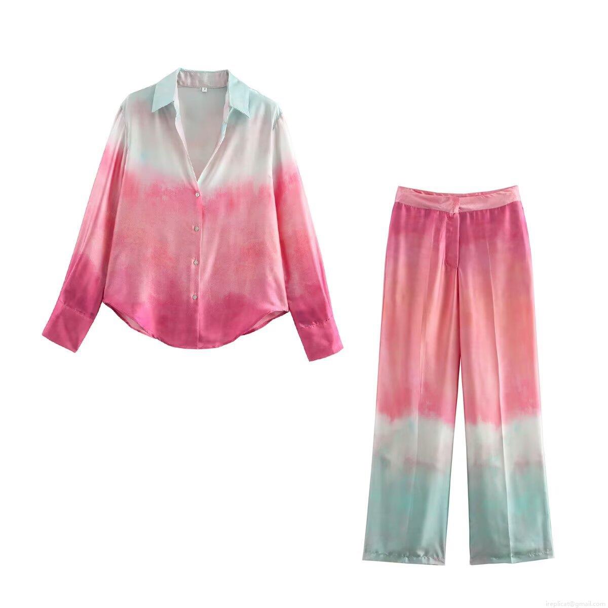 Women's 2 Piece Pants Set Gradient Tie Dye Print Long Sleeve Lapel Button Up Shirt And High Waist Wide Leg Straight Trousers Satin Silk Feel Casual Vacation Streetwear Outfit Women's 2 Piece Pants Set Gradient Tie Dye Print Long Sleeve Lapel Button Up Shirt And High Waist Wide Leg Straight Trousers Satin Silk Feel Casual Vacation Streetwear Outfit
