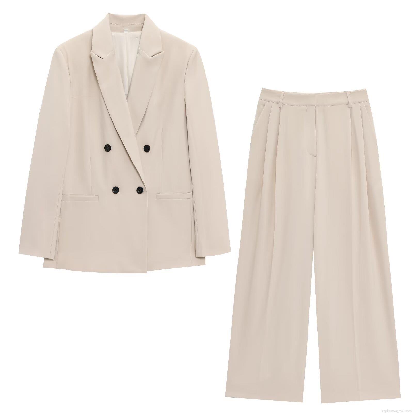 Women's Double Breasted Blazer and Wide Leg Pants Set Elegant Solid Color Suit Two Piece Set with Shoulder Pads Office Lady Business Casual Outfits Women's Double Breasted Blazer and Wide Leg Pants Set Elegant Solid Color Suit Two Piece Set with Shoulder Pads Office Lady Business Casual Outfits