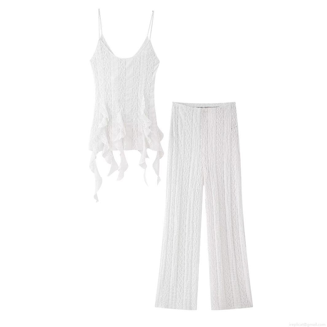 Women's Elegant White Lace Two Piece Set Sexy V Neck Camisole Ruffle Top and High Waist Wide Leg Long Pants Suit for Summer Beach Party Women's Elegant White Lace Two Piece Set Sexy V Neck Camisole Ruffle Top and High Waist Wide Leg Long Pants Suit for Summer Beach Party