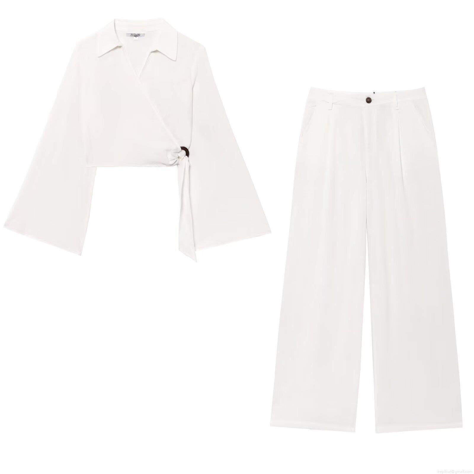 Women's Elegant Linen Cotton Blend Two-Piece Suit Long Sleeve Wrap Crop Top And High Waist Wide Leg Pants Set Solid Color Summer Vacation Outfits For Women