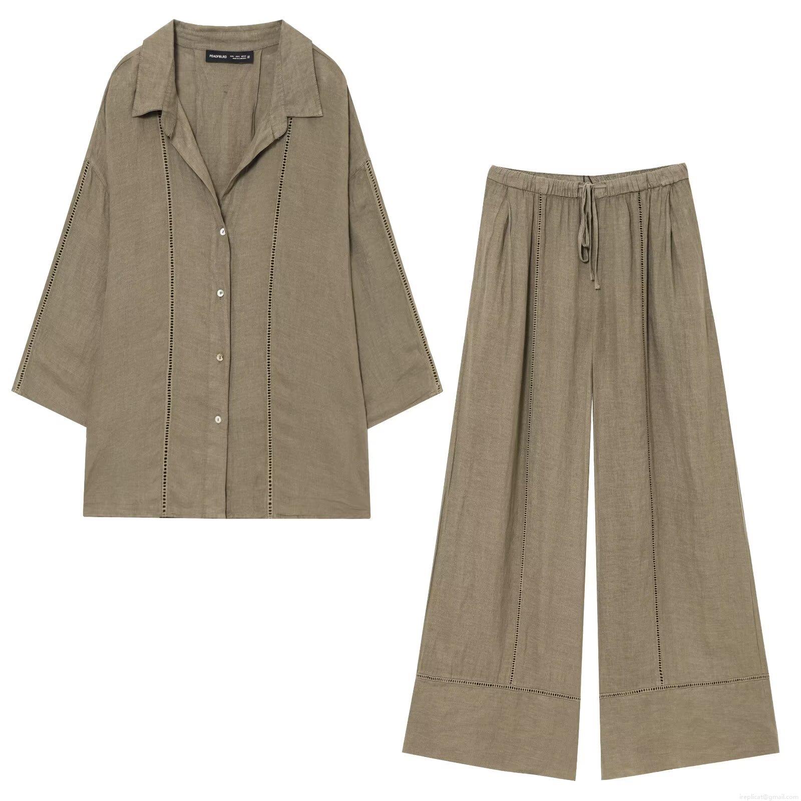 Women's Linen Cotton Blend Two Piece Set Hollow Out Embroidery V Neck Shirt Drawstring Wide Leg Pants Casual Summer Vacation Streetwear Outfit Women's Linen Cotton Blend Two Piece Set Hollow Out Embroidery V Neck Shirt Drawstring Wide Leg Pants Casual Summer Vacation Streetwear Outfit