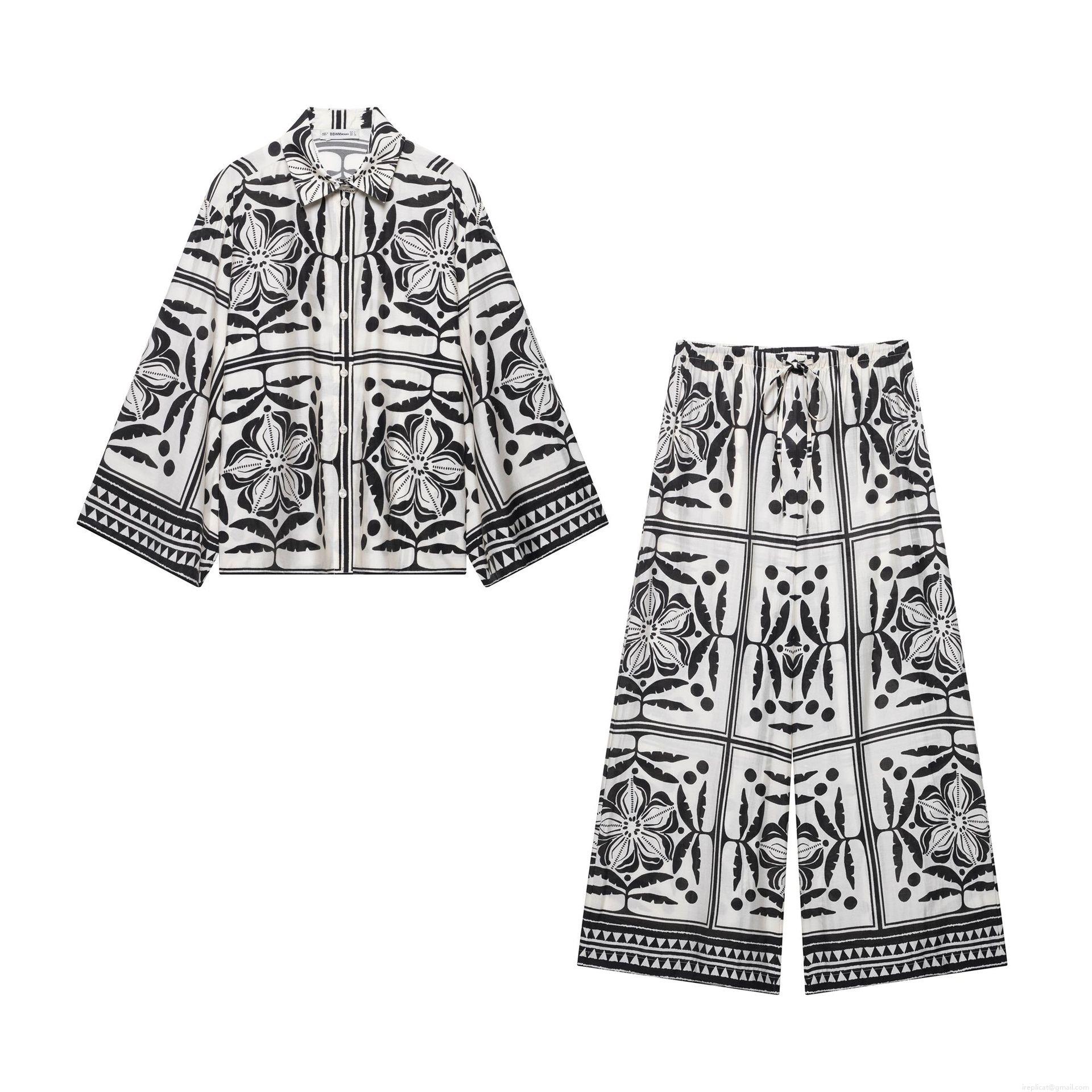 Women's Two Piece Outfits Floral Print Long Sleeve Button Down Shirt And High Waist Drawstring Wide Leg Pants Set 100% Polyester Casual Beach Streetwear Tracksuit Women's Two Piece Outfits Floral Print Long Sleeve Button Down Shirt And High Waist Drawstring Wide Leg Pants Set 100% Polyester Casual Beach Streetwear Tracksuit