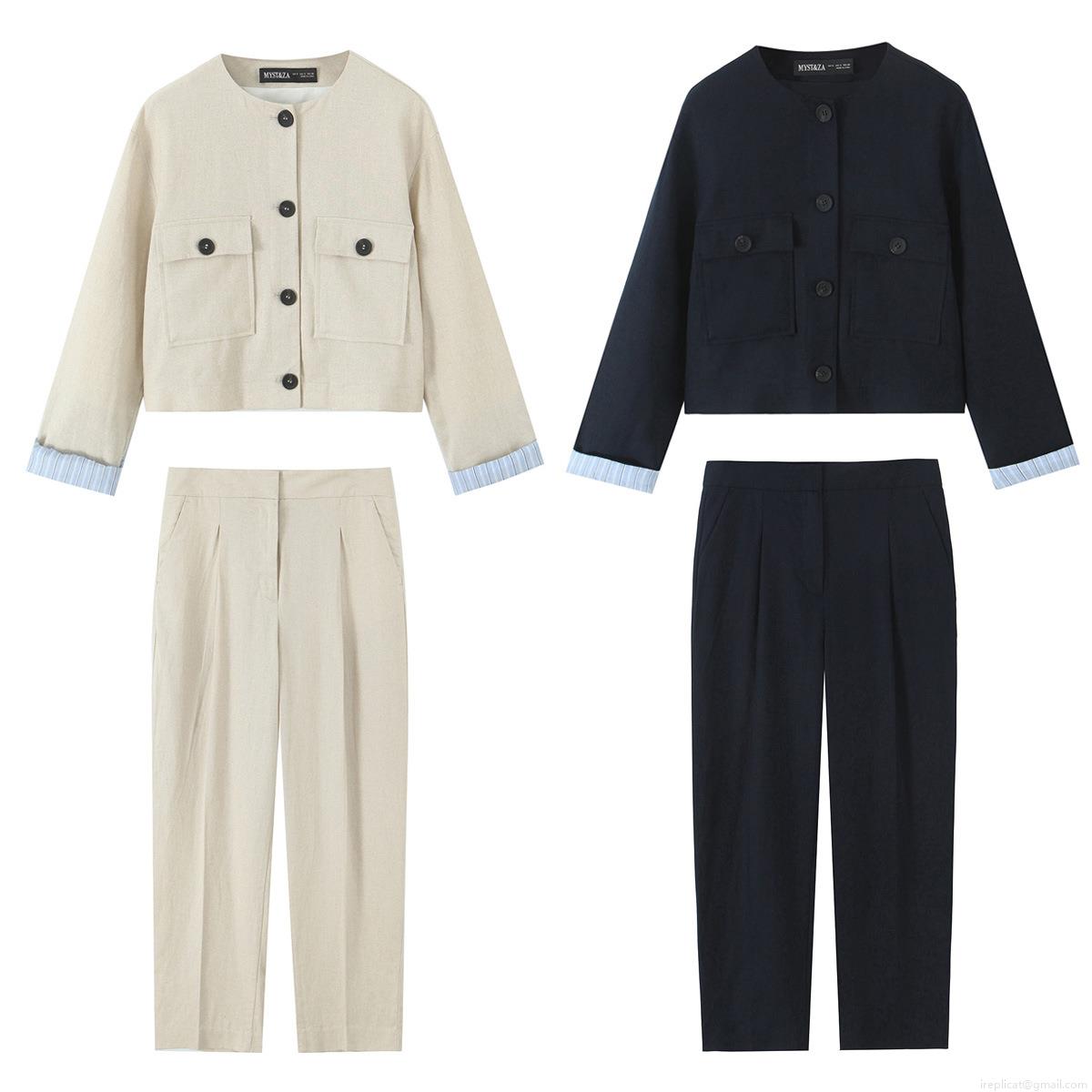 Women Linen Blend Two Piece Set Short Jacket With Stripe Lining And Straight Leg Pants Office Commute Casual Suit Khaki Black