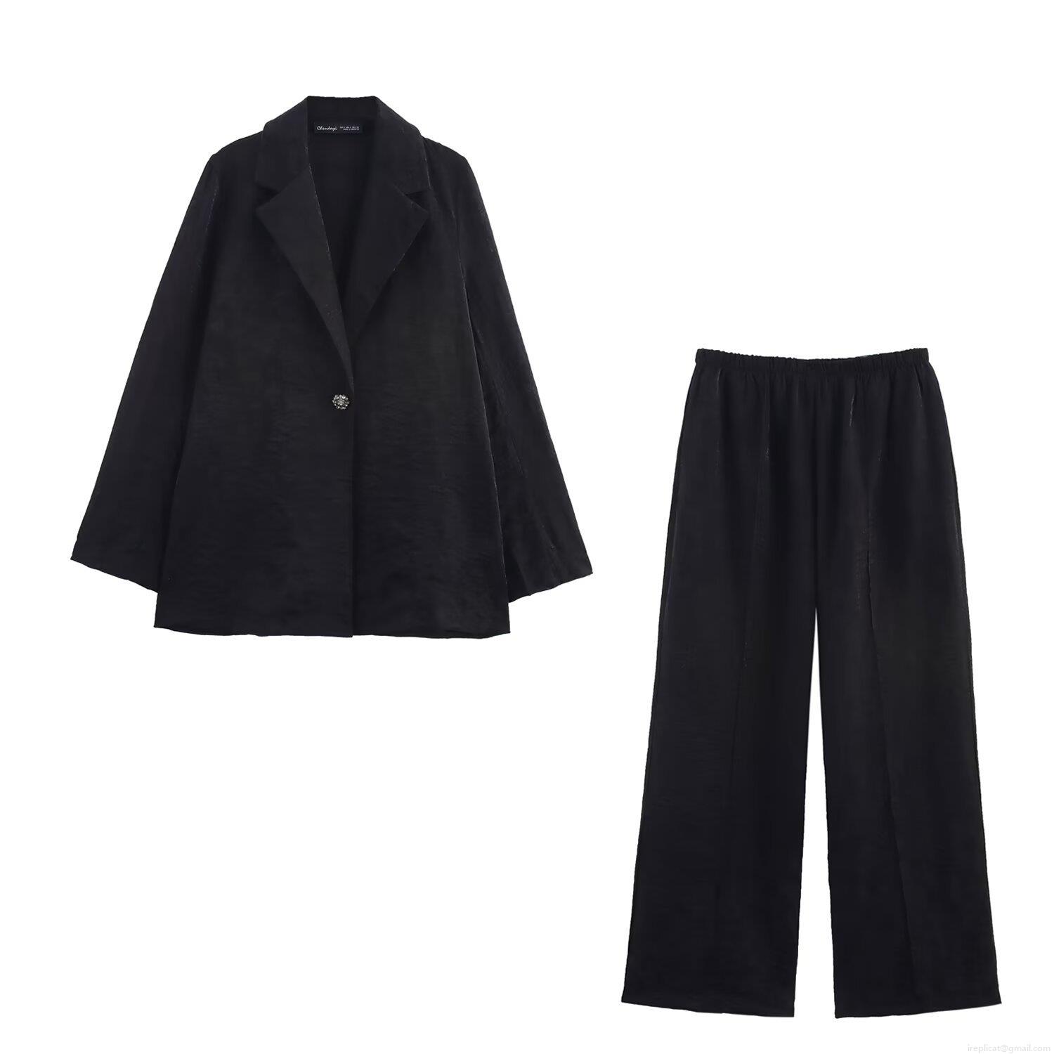 Women's Black Crinkle Effect Transparent Organza Blazer and Wide Leg Pants Set Elegant Two Piece Suit for Evening Party Wedding Guest