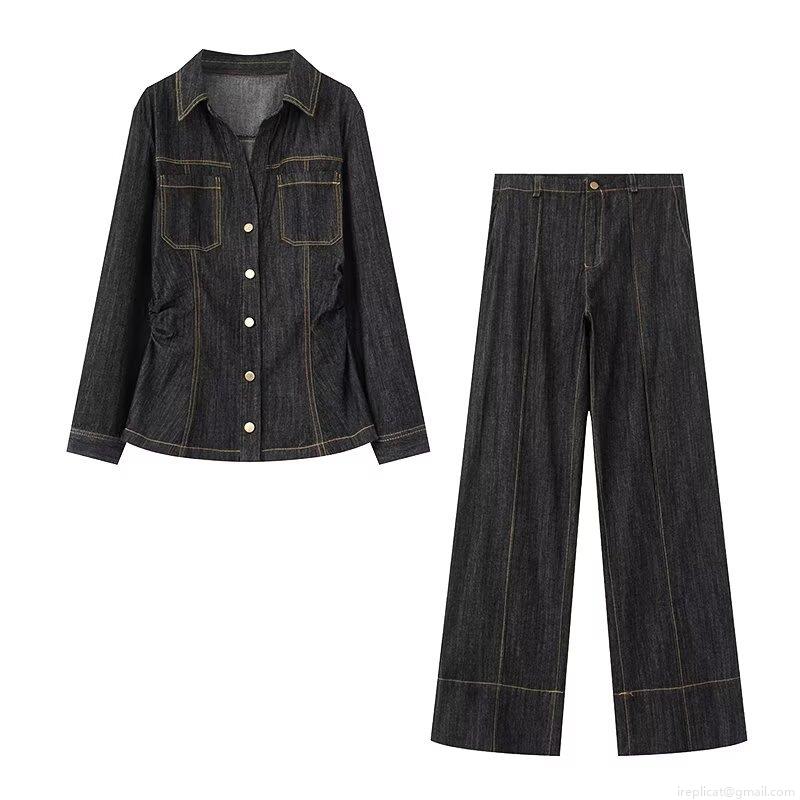 Women's Denim Two Piece Set Long Sleeve Button Down Shirt And High Waist Wide Leg Pants With Contrast Stitching Casual Streetwear Outfits Women's Denim Two Piece Set Long Sleeve Button Down Shirt And High Waist Wide Leg Pants With Contrast Stitching Casual Streetwear Outfits