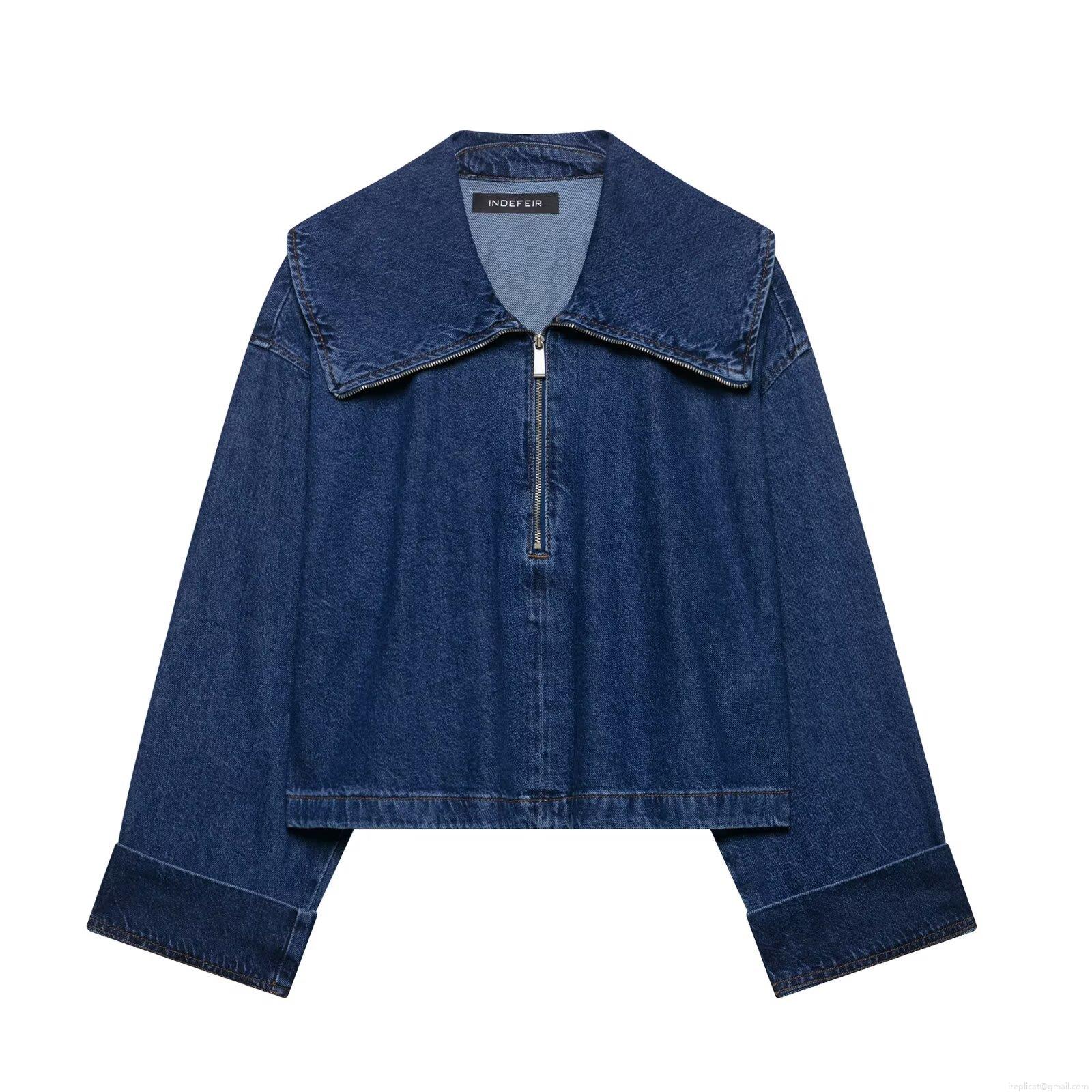 Women's Navy Blue Denim Two Piece Set Sailor Collar Zipper Jacket And High Waist Drawstring Wide Leg Pants Streetwear Casual Outfits Women's Navy Blue Denim Two Piece Set Sailor Collar Zipper Jacket And High Waist Drawstring Wide Leg Pants Streetwear Casual Outfits