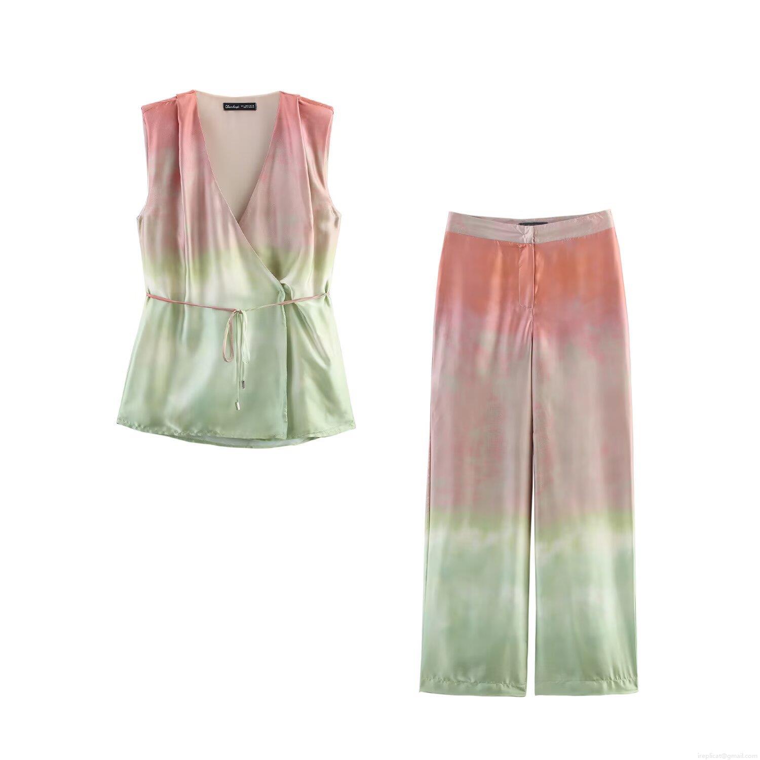 Women's Summer 2 Piece Satin Outfits Sleeveless V Neck Wrap Tie Front Top and High Waisted Wide Leg Pants Set Gradient Tie Dye Chic Casual Streetwear Outfits for Vacation Clubwear Women's Summer 2 Piece Satin Outfits Sleeveless V Neck Wrap Tie Front Top and High Waisted Wide Leg Pants Set Gradient Tie Dye Chic Casual Streetwear Outfits for Vacation Clubwear