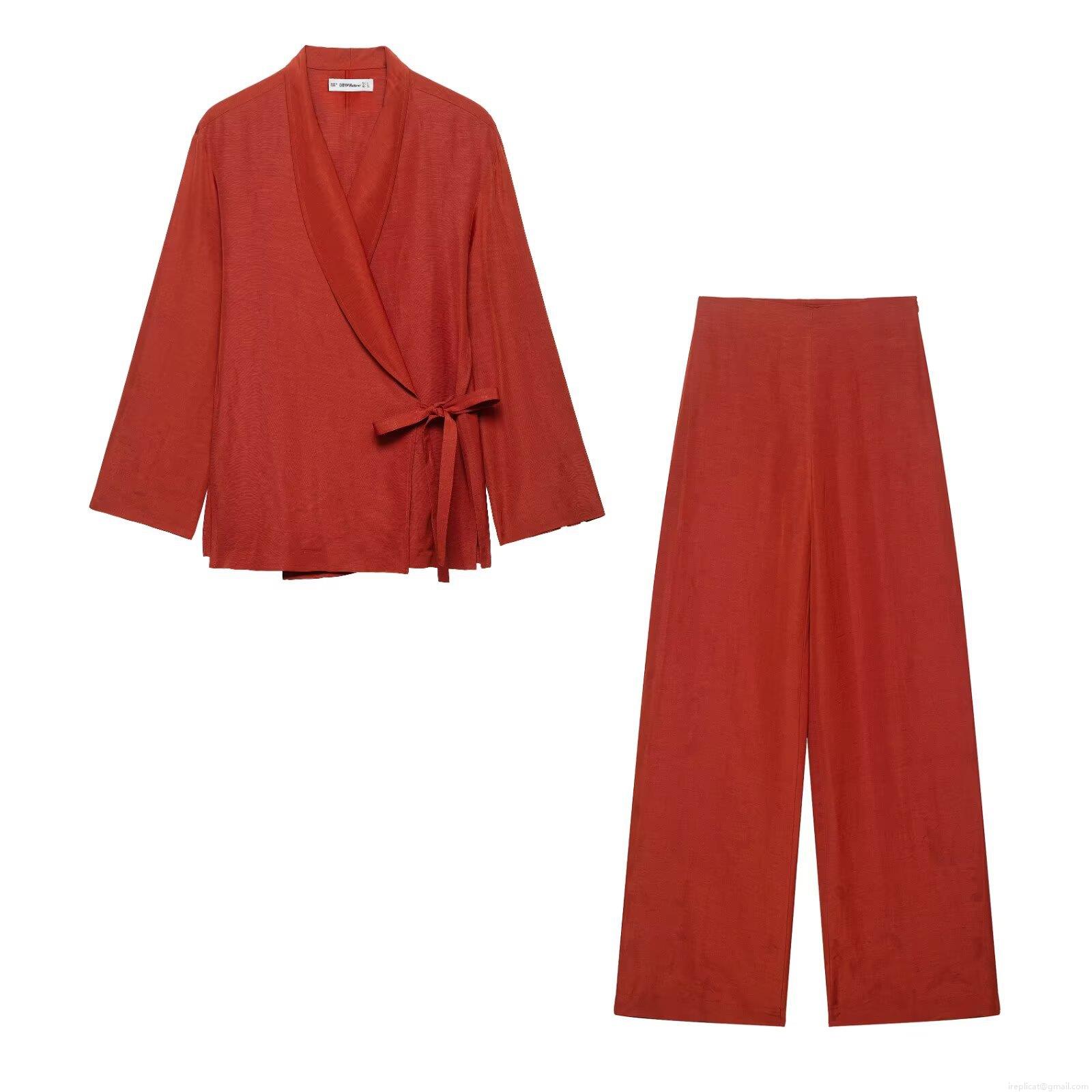 Women's Casual Solid Brick Red Kimono Style Wrap Tie Top Or High Waist Wide Leg Straight Pants Elegant Linen Texture Polyester Two Piece Outfit For Streetwear Vacation Women's Casual Solid Brick Red Kimono Style Wrap Tie Top Or High Waist Wide Leg Straight Pants Elegant Linen Texture Polyester Two Piece Outfit For Streetwear Vacation