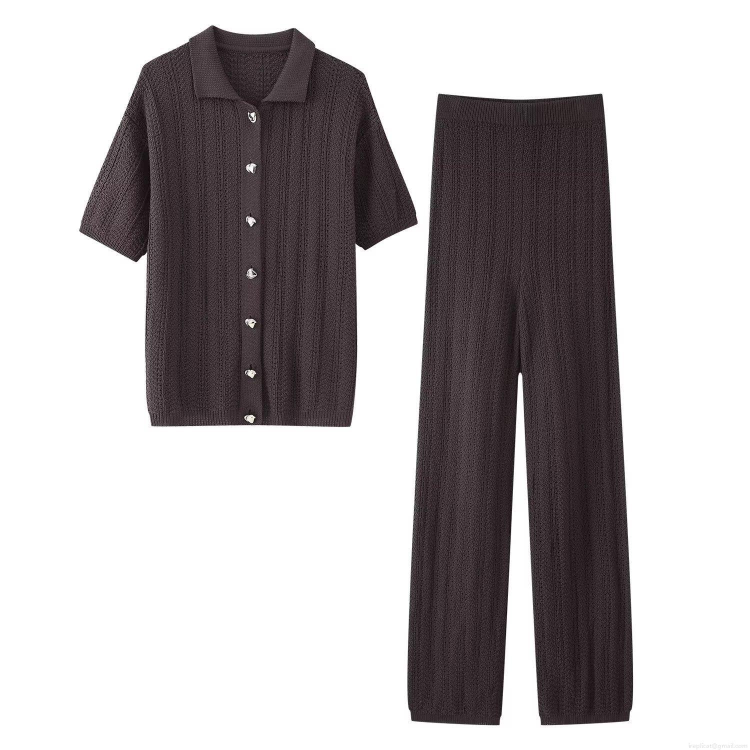 Women's Textured Knit Two Piece Set Polo Neck Short Sleeve Button Down Top and High Waist Straight Leg Pants Solid Color Casual Outfits Streetwear Women's Textured Knit Two Piece Set Polo Neck Short Sleeve Button Down Top and High Waist Straight Leg Pants Solid Color Casual Outfits Streetwear