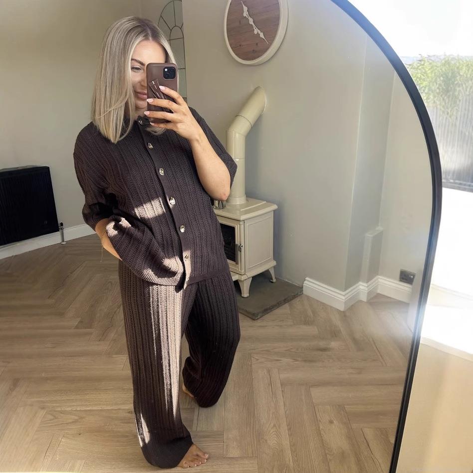 Women\'s Textured Knit Two Piece Set Polo Neck Short Sleeve Button Down Top and High Waist Straight Leg Pants Solid Color Casual Outfits Streetwear