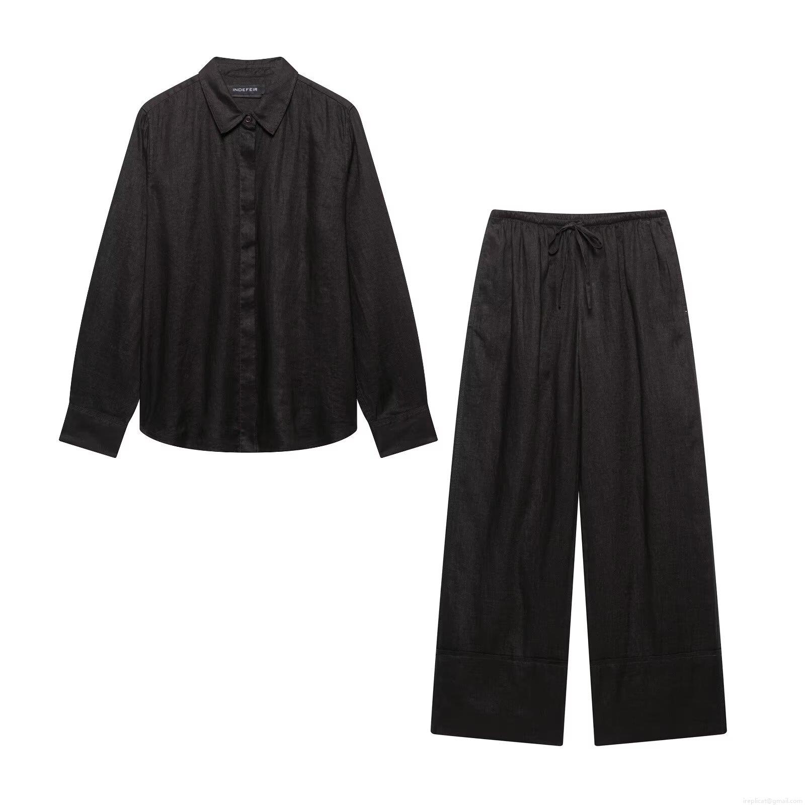 Women\'s Casual Cotton Linen Two Piece Set Long Sleeve Lapel Button Down Shirt and Drawstring High Waist Wide Leg Pants Loose Lounge Tracksuit Outfit