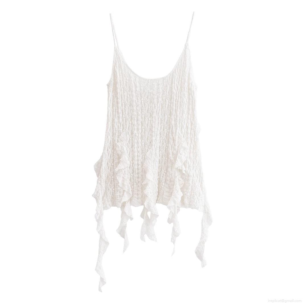 Women's Two Piece Set Lace Pleated Ruffle Camisole Top And High Waist Wide Leg Pants Casual Summer Streetwear Outfit For Women Women's Two Piece Set Lace Pleated Ruffle Camisole Top And High Waist Wide Leg Pants Casual Summer Streetwear Outfit For Women