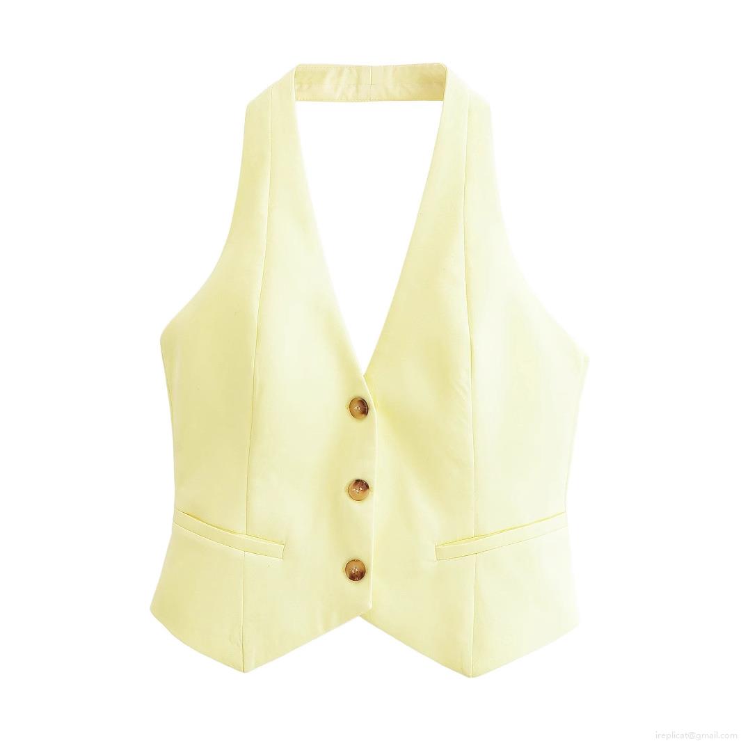 Women's Two Piece Set 100% Polyester Halter Neck Button Vest And High Waist Wide Leg Pants Solid Color Light Yellow Casual Streetwear Summer Outfit For Women Women's Two Piece Set 100% Polyester Halter Neck Button Vest And High Waist Wide Leg Pants Solid Color Light Yellow Casual Streetwear Summer Outfit For Women