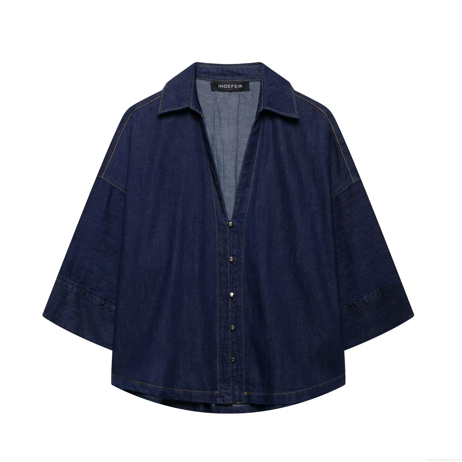 Women's Denim Two Piece Set Casual Dark Blue Cotton Blend Lapel Half Sleeve Shirt And High Waist Wide Leg Trousers Streetwear Fashion Outfits Women's Denim Two Piece Set Casual Dark Blue Cotton Blend Lapel Half Sleeve Shirt And High Waist Wide Leg Trousers Streetwear Fashion Outfits