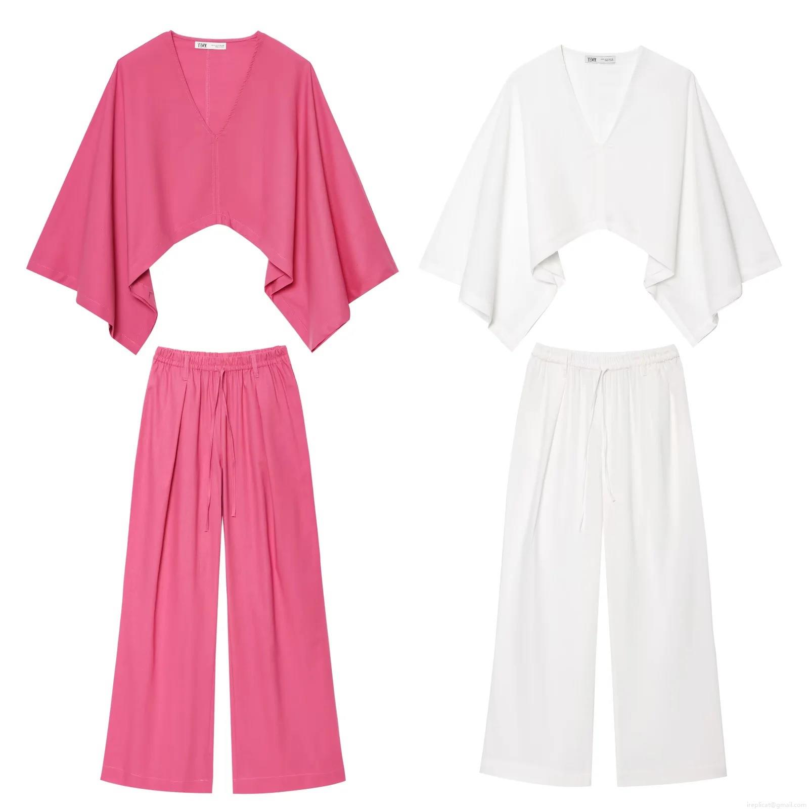 Women's Casual Two Piece Set Kimono Style V-Neck 3/4 Batwing Sleeve Top And Wide Leg Pants Asymmetric Solid Color Polyester Linen Look Outfit Women's Casual Two Piece Set Kimono Style V-Neck 3/4 Batwing Sleeve Top And Wide Leg Pants Asymmetric Solid Color Polyester Linen Look Outfit