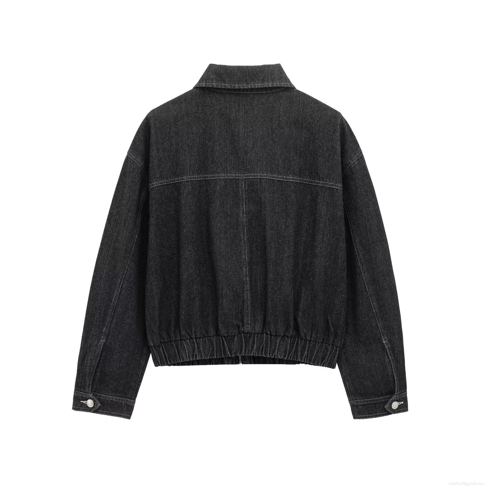 Women Denim Effect Cargo Jacket And Wide Leg Pants Two Piece Set Streetwear Casual Long Sleeve Zip Up Top High Waist Denim Trousers