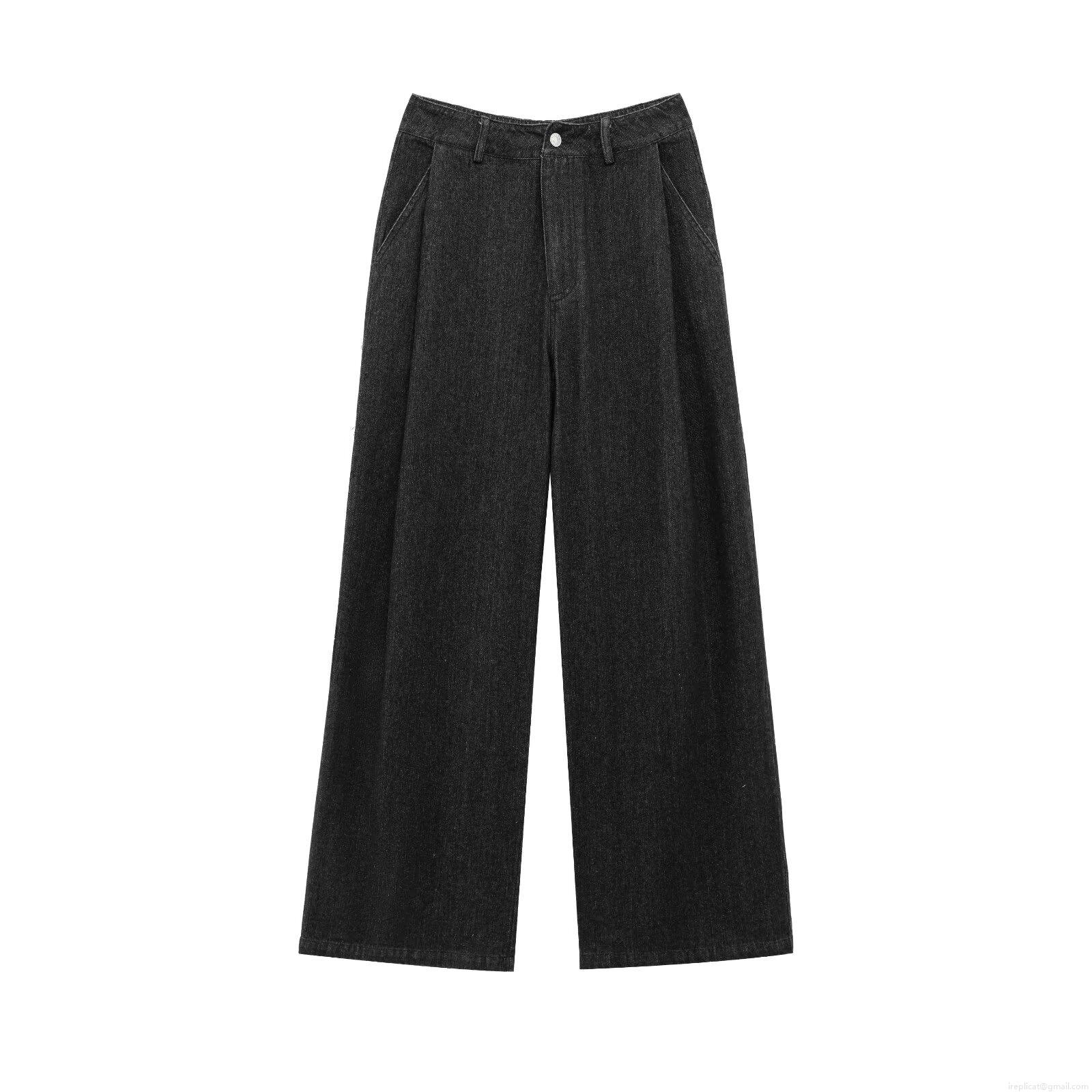 Women Denim Effect Cargo Jacket And Wide Leg Pants Two Piece Set Streetwear Casual Long Sleeve Zip Up Top High Waist Denim Trousers