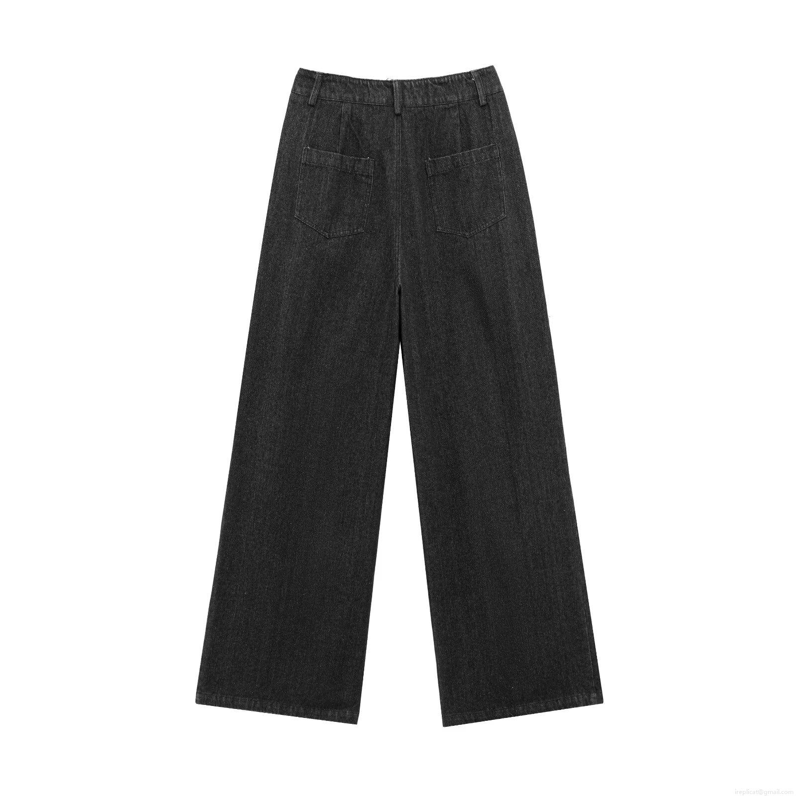Women Denim Effect Cargo Jacket And Wide Leg Pants Two Piece Set Streetwear Casual Long Sleeve Zip Up Top High Waist Denim Trousers