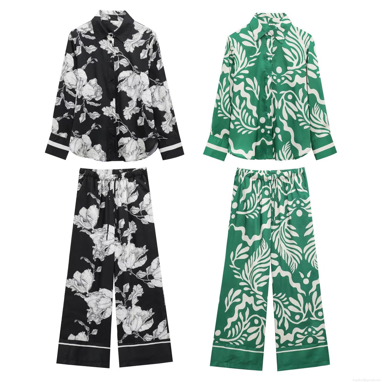 Women's Floral Abstract Print Satin Pajamas Set Two Piece Long Sleeve Lapel Shirt And High Waist Wide Leg Pants Casual Lounge Streetwear Fashion Set Women's Floral Abstract Print Satin Pajamas Set Two Piece Long Sleeve Lapel Shirt And High Waist Wide Leg Pants Casual Lounge Streetwear Fashion Set