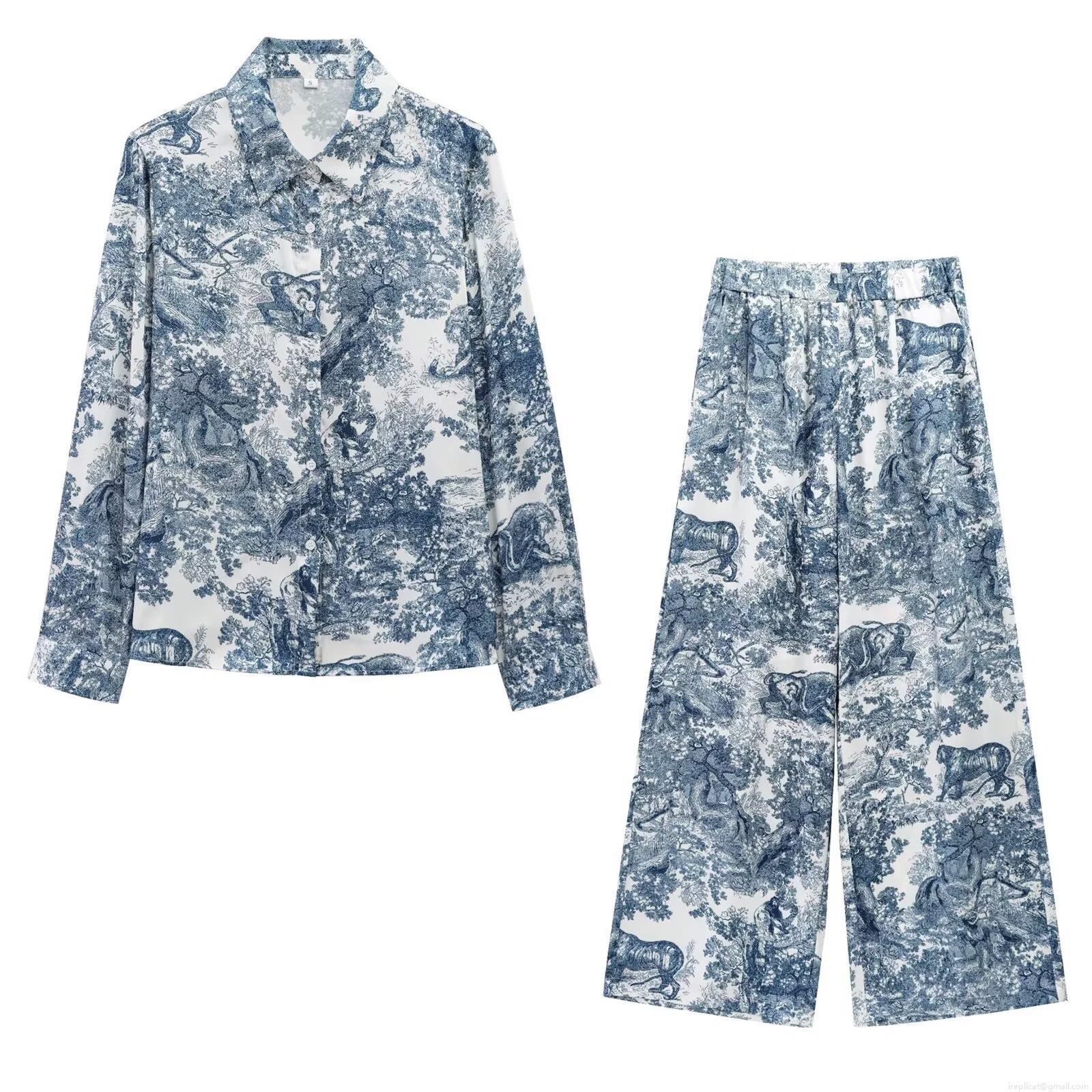 Women's French Retro Toile de Jouy Animal Print Two Piece Set Long Sleeve Button Down Shirt And High Waist Wide Leg Pants For Resort Travel Casual Daily Wear