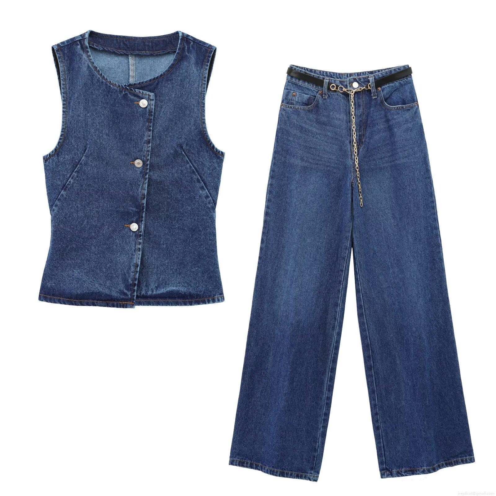 Women's Denim Two-Piece Set Washed Cotton Sleeveless Vest Waistcoat And Wide Leg Jeans With Metal Chain Belt Streetwear Casual Pants Outfit For Women Women's Denim Two-Piece Set Washed Cotton Sleeveless Vest Waistcoat And Wide Leg Jeans With Metal Chain Belt Streetwear Casual Pants Outfit For Women
