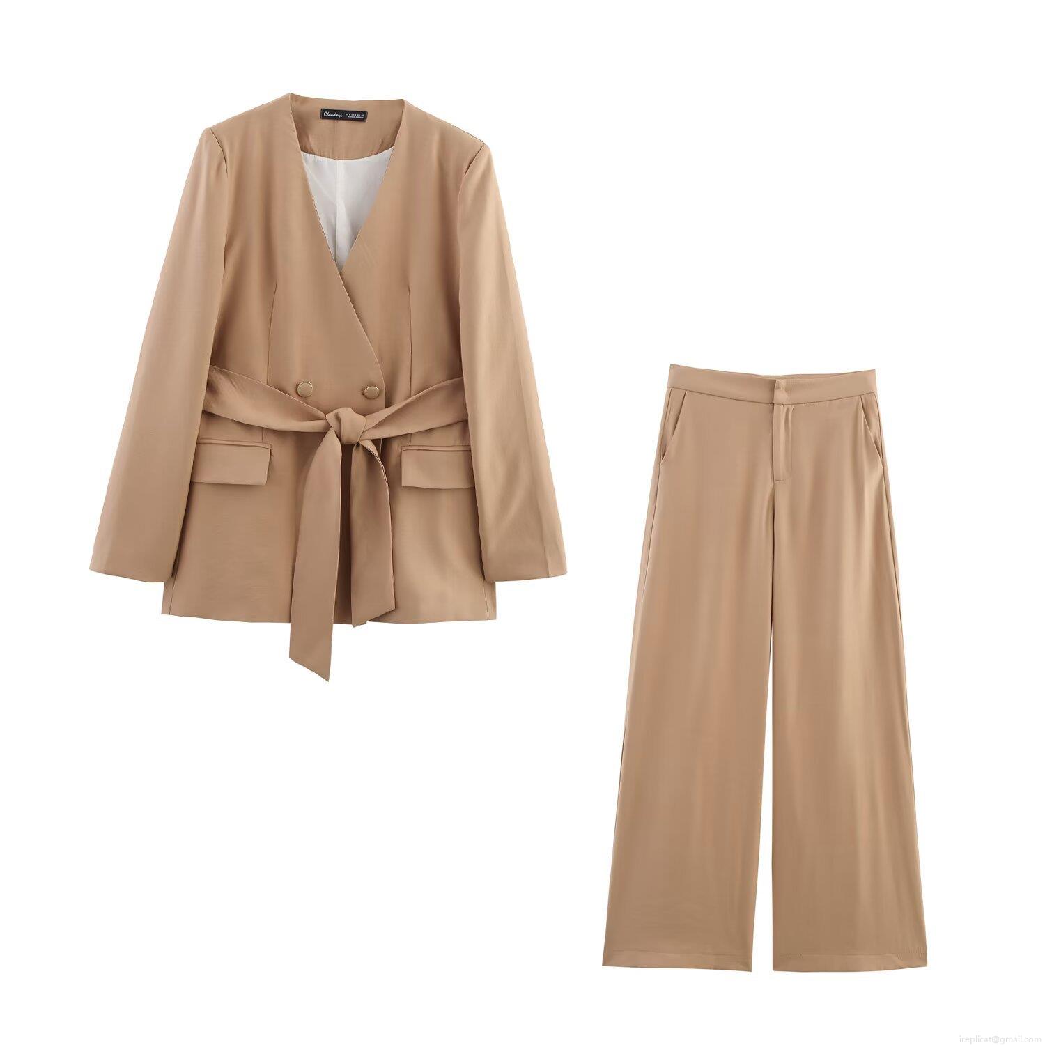 Women's Two Piece Pants Set Casual Solid Camel Blazer With Belt And Shoulder Pads High Waist Wide Leg Trousers Professional Office Outfits Streetwear Set Women's Two Piece Pants Set Casual Solid Camel Blazer With Belt And Shoulder Pads High Waist Wide Leg Trousers Professional Office Outfits Streetwear Set