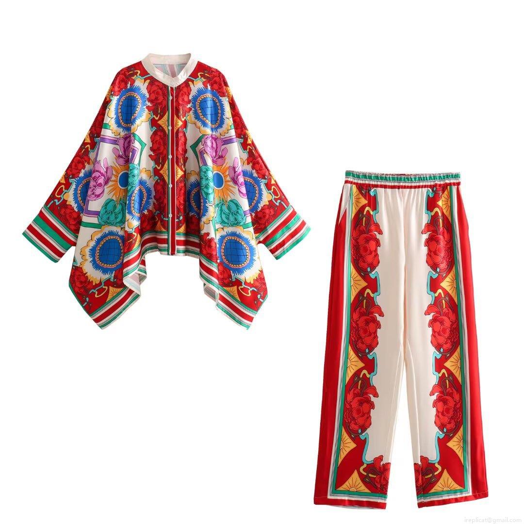 Women's Two Piece Set Floral Print Batwing Sleeve Shirt And Wide Leg Pants Satin Polyester Casual Streetwear Vacation Outfit Multi Color Print Lounge Suit Women's Two Piece Set Floral Print Batwing Sleeve Shirt And Wide Leg Pants Satin Polyester Casual Streetwear Vacation Outfit Multi Color Print Lounge Suit