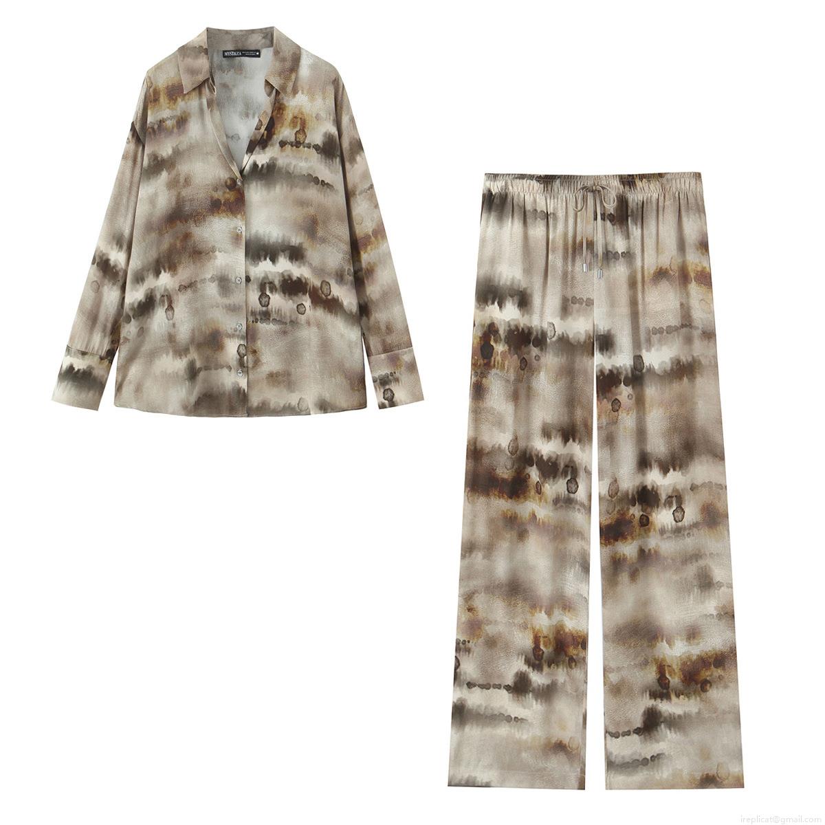 Women's Ink Marble Print 2 Piece Sets Chiffon Feel Long Sleeve Button Up Shirt And Elastic Waist Wide Leg Pants Casual Streetwear Outfits For Women Women's Ink Marble Print 2 Piece Sets Chiffon Feel Long Sleeve Button Up Shirt And Elastic Waist Wide Leg Pants Casual Streetwear Outfits For Women