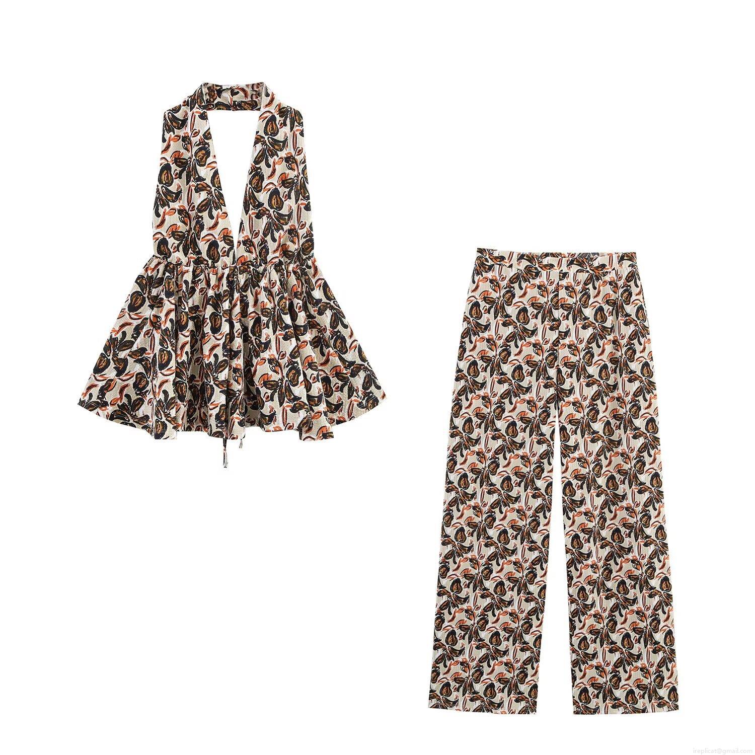 Women's Two Piece Outfits Halter Deep V Neck Sleeveless Top And Wide Leg Pants Set Bohemian Floral Print Casual Vacation Streetwear Polyester Outfits Women's Two Piece Outfits Halter Deep V Neck Sleeveless Top And Wide Leg Pants Set Bohemian Floral Print Casual Vacation Streetwear Polyester Outfits