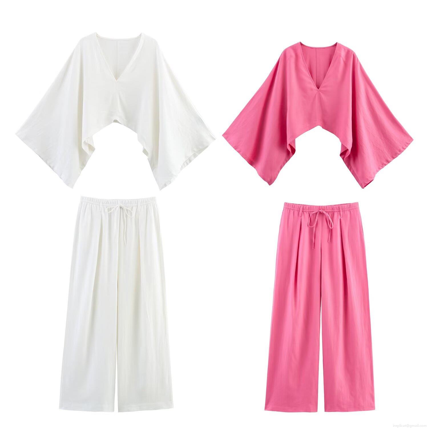 Women's Casual Linen Two Piece Set Asymmetrical V Neck Bell Sleeve Crop Top And Drawstring High Waist Wide Leg Pants Solid Color Outfits Women's Casual Linen Two Piece Set Asymmetrical V Neck Bell Sleeve Crop Top And Drawstring High Waist Wide Leg Pants Solid Color Outfits
