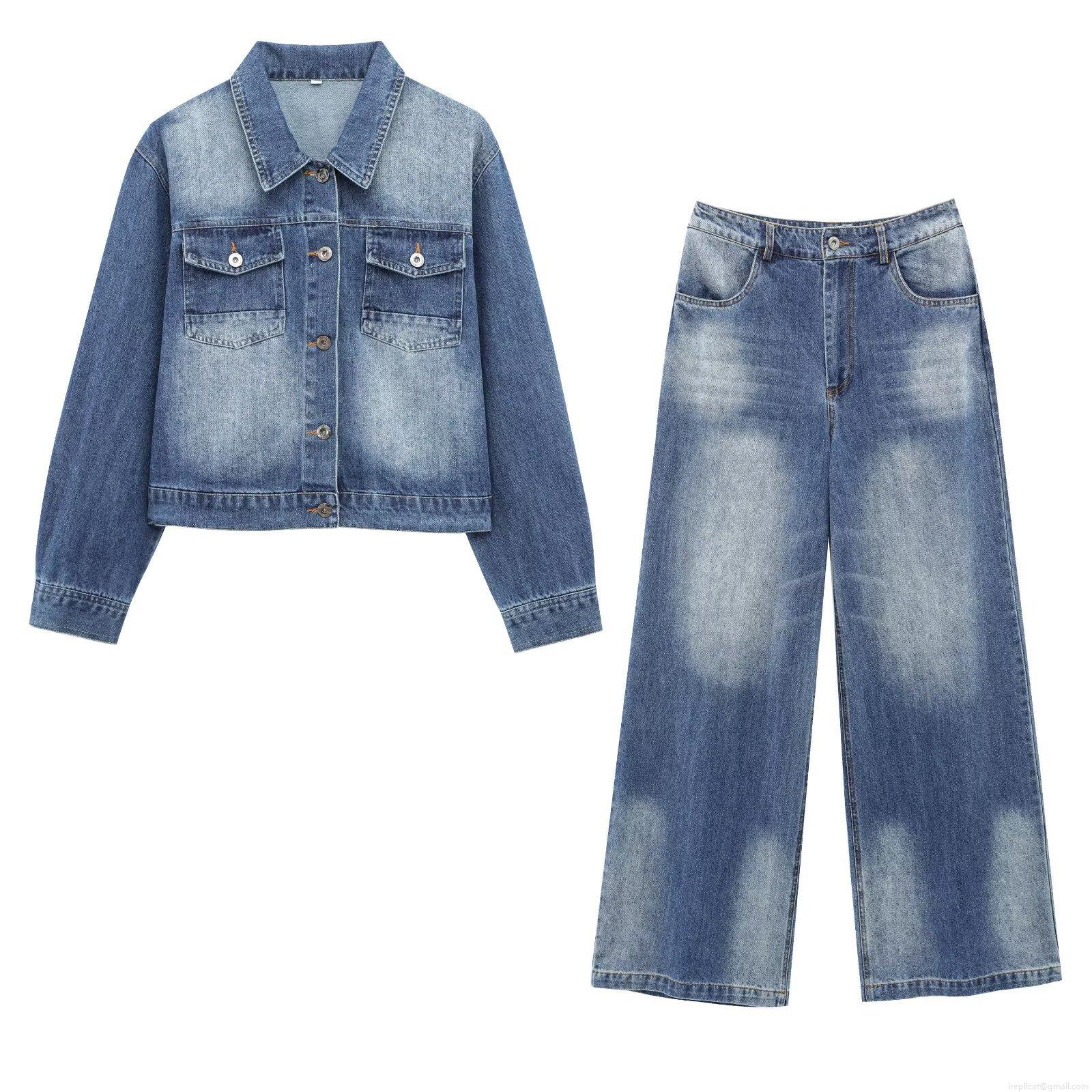 Women Retro Washed Denim Two Piece Set Short Jean Jacket and High Waist Straight Wide Leg Pants Streetwear Outfits Cotton Blend Denim Suits