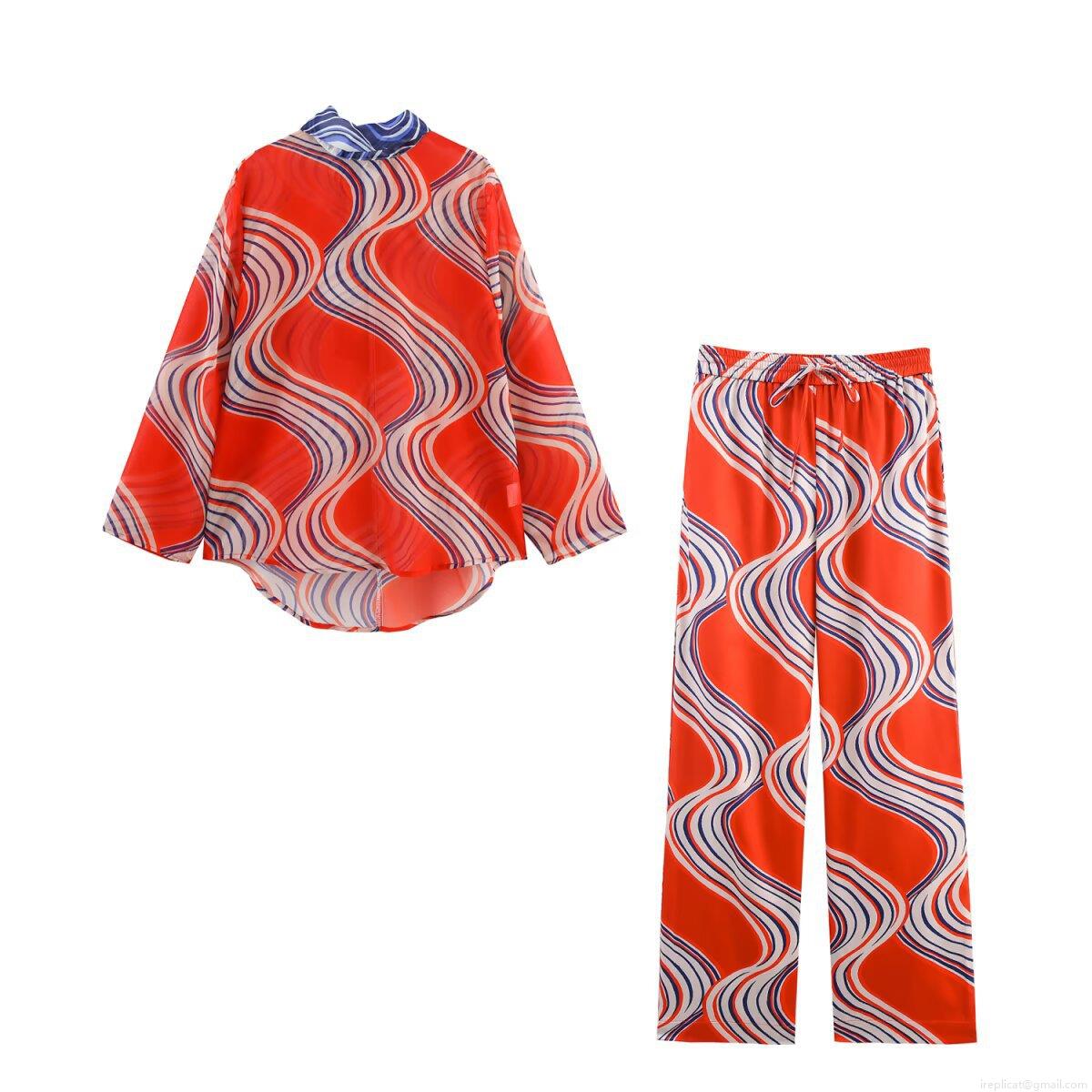 Women Abstract Wave Print Two Piece Set Polyester Bow Tie Long Sleeve Shirt And High Waist Wide Leg Pants Casual Streetwear Vacation Outfit Women Abstract Wave Print Two Piece Set Polyester Bow Tie Long Sleeve Shirt And High Waist Wide Leg Pants Casual Streetwear Vacation Outfit
