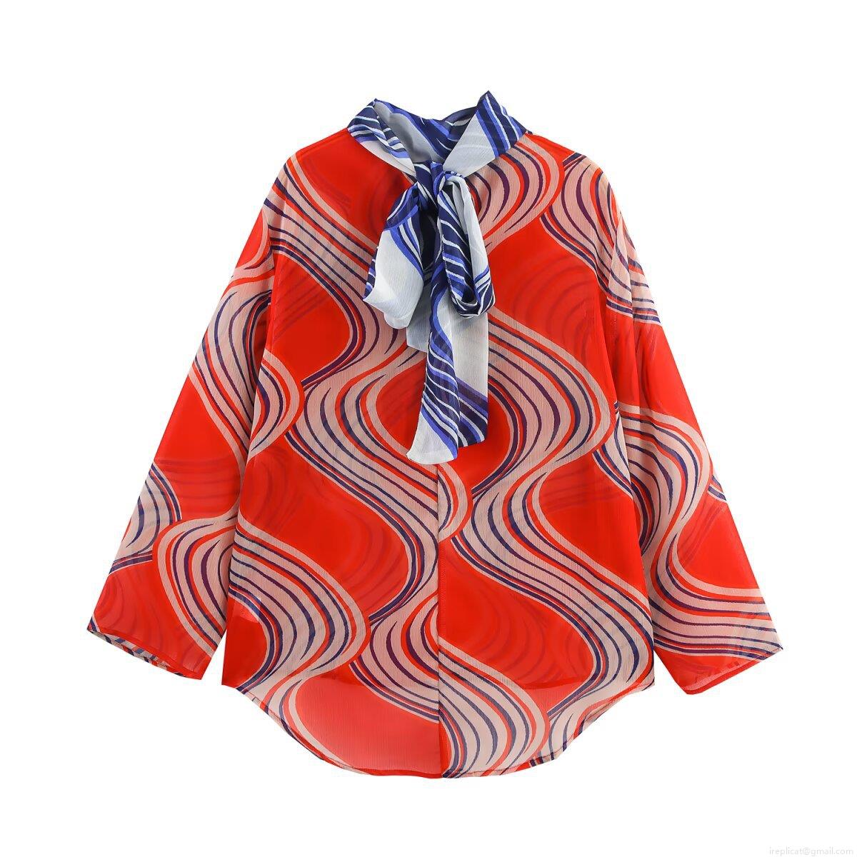 Women Abstract Wave Print Two Piece Set Polyester Bow Tie Long Sleeve Shirt And High Waist Wide Leg Pants Casual Streetwear Vacation Outfit