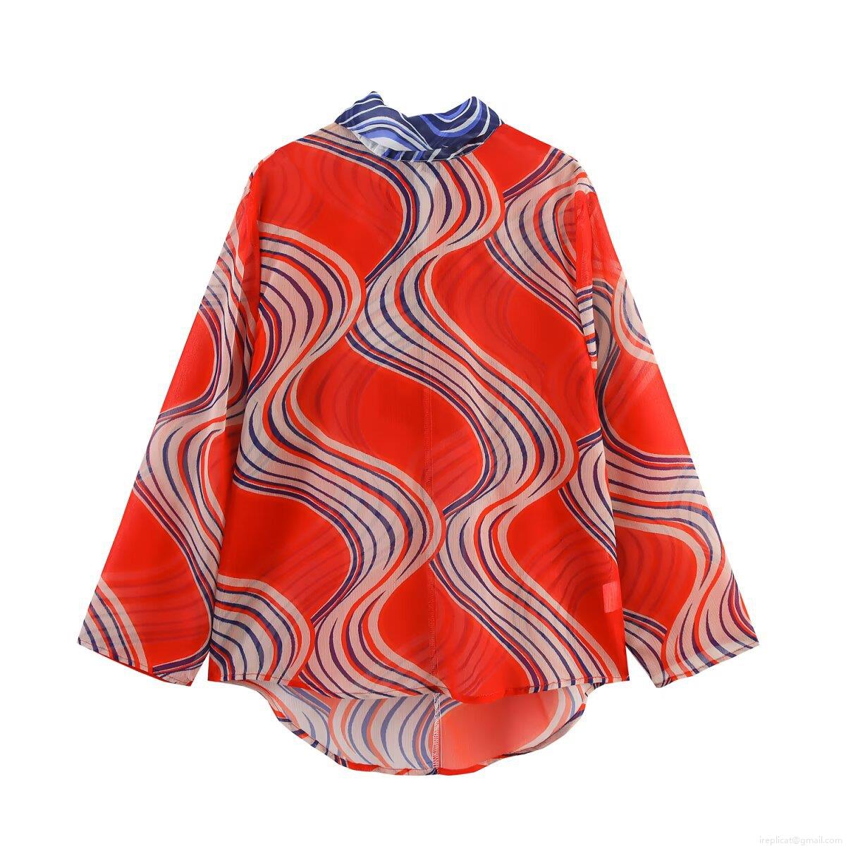 Women Abstract Wave Print Two Piece Set Polyester Bow Tie Long Sleeve Shirt And High Waist Wide Leg Pants Casual Streetwear Vacation Outfit