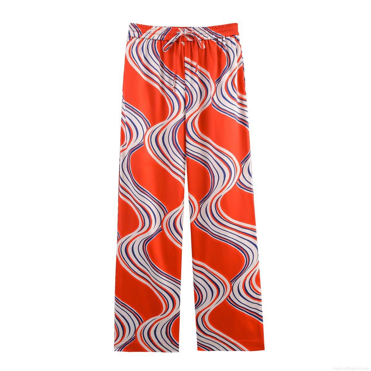 Women Abstract Wave Print Two Piece Set Polyester Bow Tie Long Sleeve Shirt And High Waist Wide Leg Pants Casual Streetwear Vacation Outfit