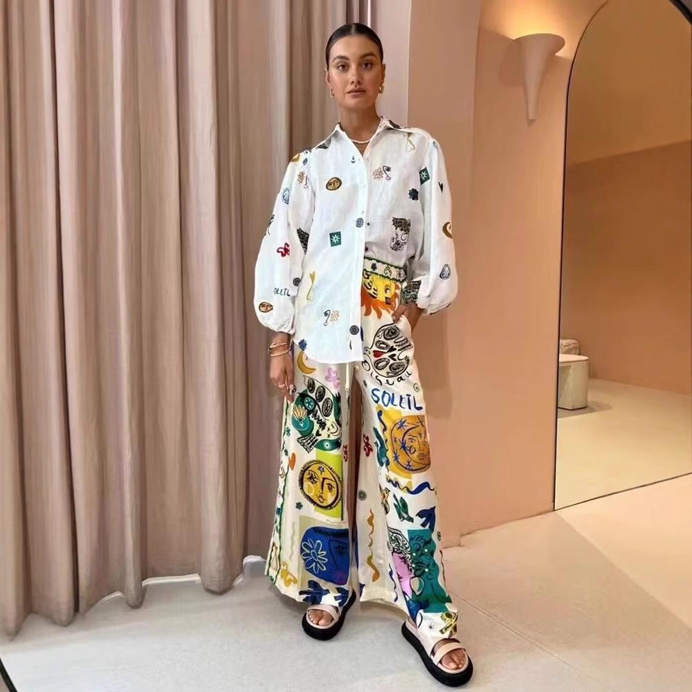 Women's Artistic Graffiti Print Two Piece Set Long Sleeve Lantern Sleeve Shirt And Wide Leg Pants Casual Vacation Streetwear Outfit Women's Artistic Graffiti Print Two Piece Set Long Sleeve Lantern Sleeve Shirt And Wide Leg Pants Casual Vacation Streetwear Outfit